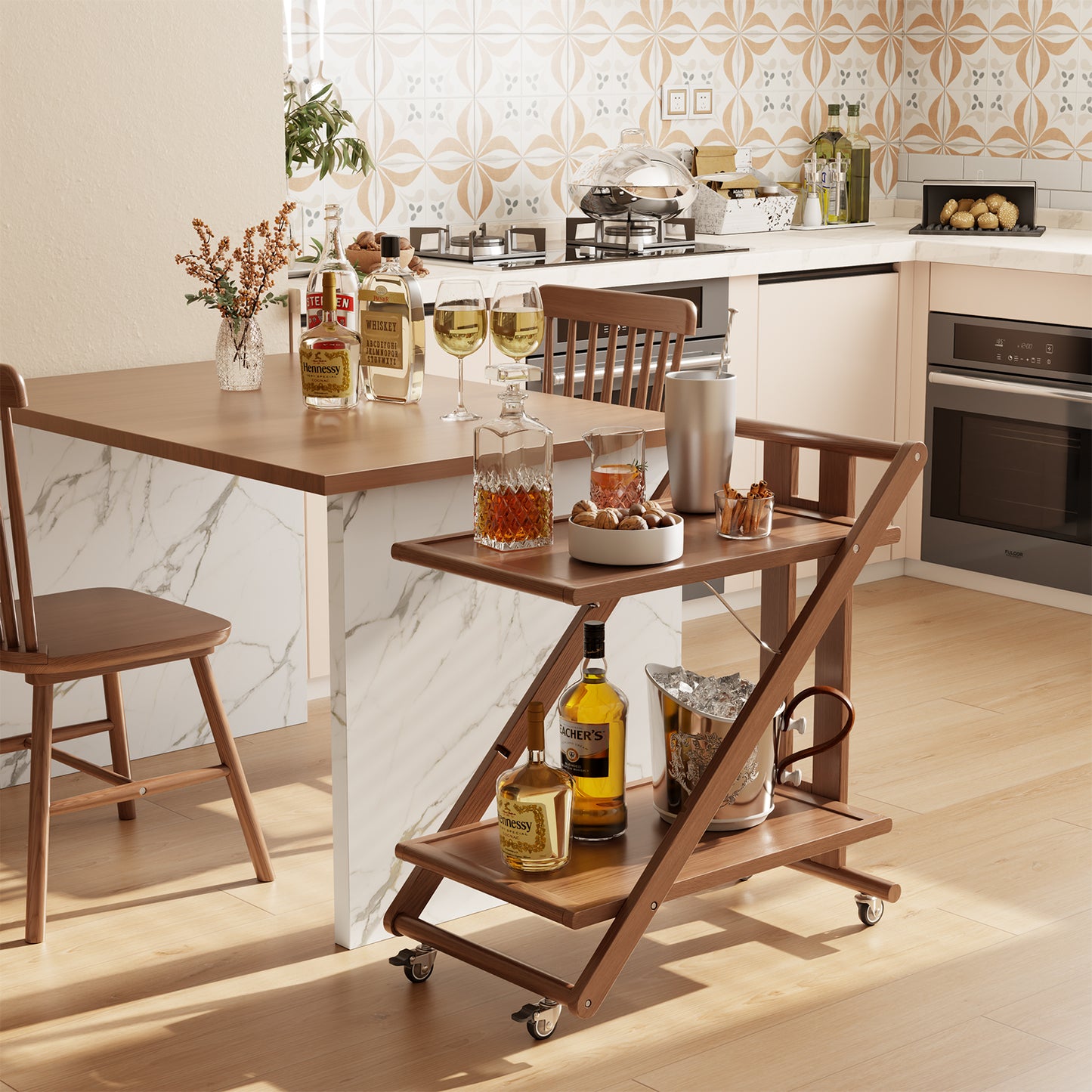 Rolling Carts with Wheels,Portable Kitchen Island,Walnut Kitchen Storage Cart,Small Kitchen Island,Wood Bar Cart,Kitchen Rack with Locking Casters,Moveable Kitchen Island for Living Room,Coffee Bar