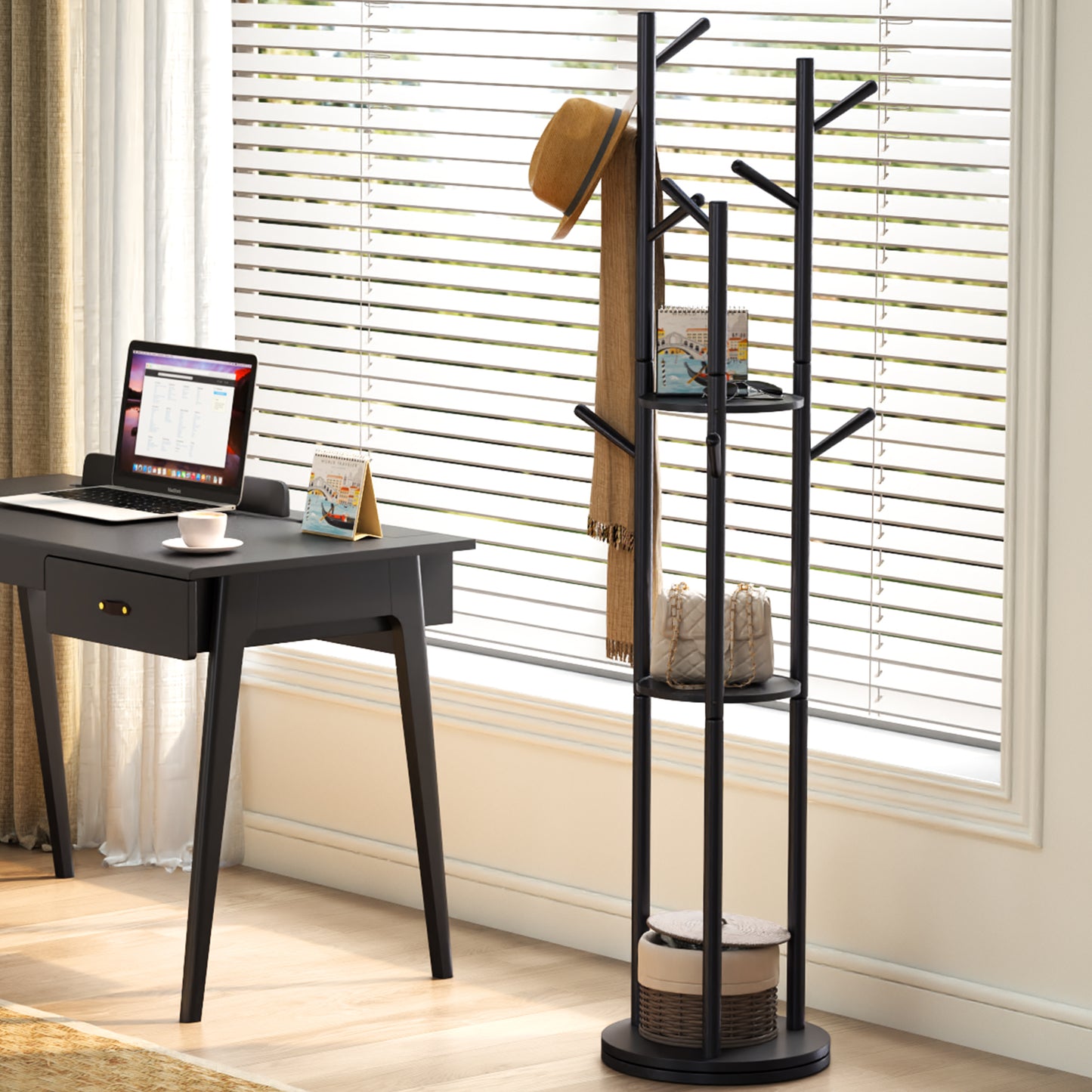 KungFuWood KASLANDI Coat Rack, Solid Wood Rotary Coat Rack Stand, Freestanding Coat Rack with 3 Shelves and 9 Hooks, Sturdy and Easy to Assemble Coat Tree for Entryway, Bedroom, Coats, Bags