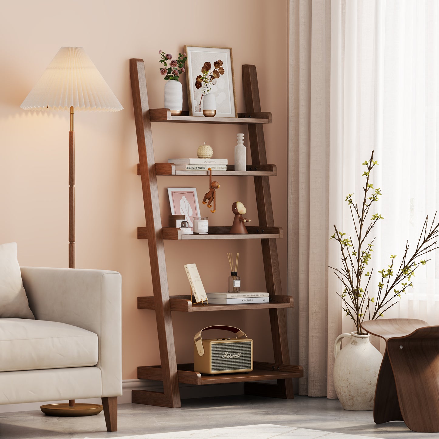 Wooden Ladder Shelf, Ladder Shelf Bookcase, 5 Tier Ladder Shelf with Stable Structure, Leaning Shelf for Living Room, Bedroom, Home Office