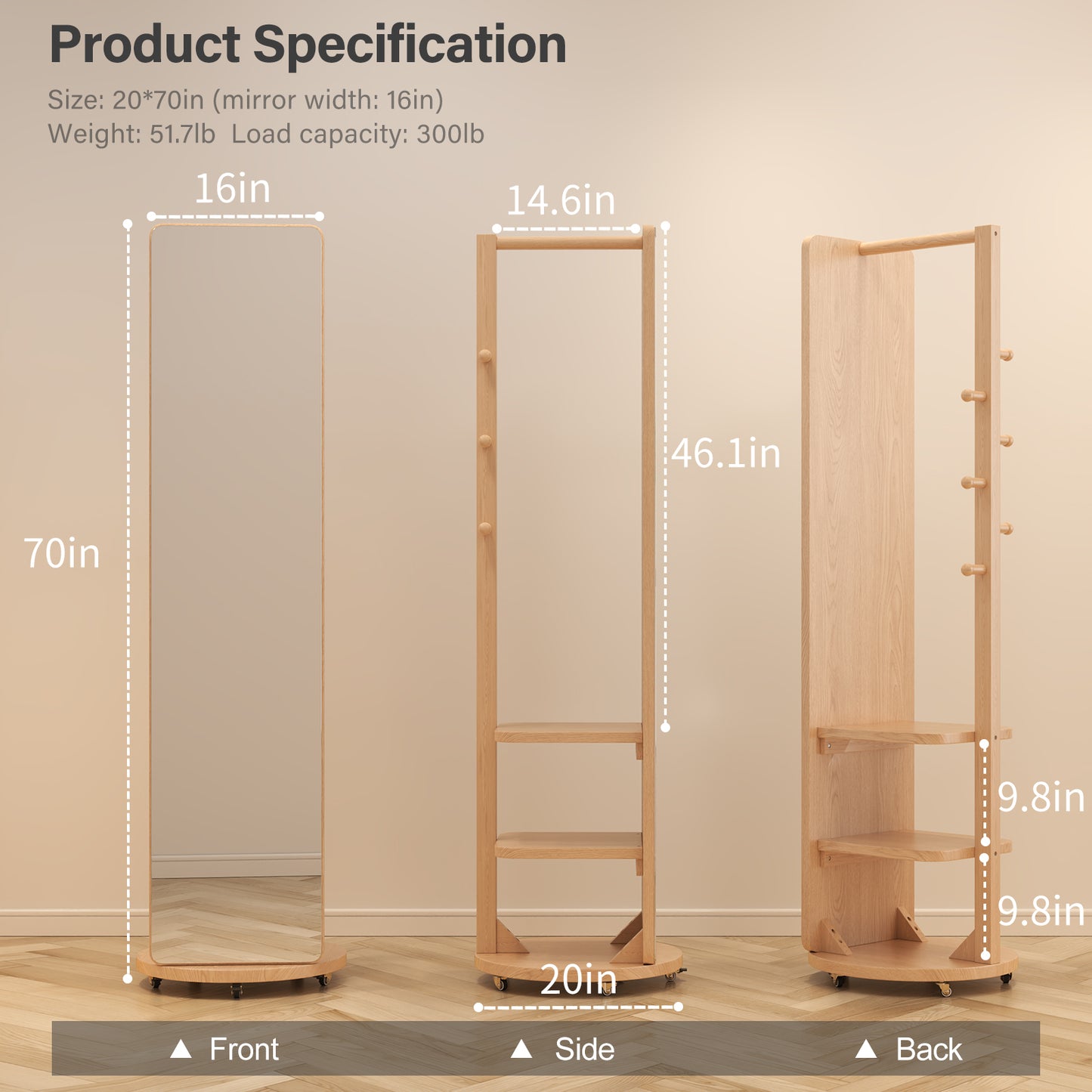 Ceramic Art Piece-2Full Length Mirror with Brake Wheels, 70"x16", Unique Solid Wood Oversized Floor Mirror with Coat Rack, Full Body Mirror for Bedroom, Living Room