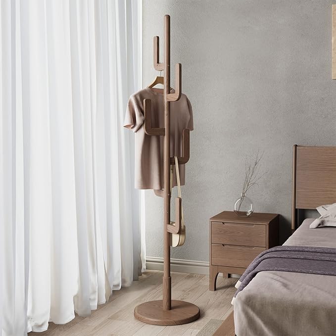 Solid Wood Cactus Coat Rack Stand, Freestanding Coat Rack with 6 L-shaped Hooks and 3 Adjustable Sizes, Sturdy and Easy to Assemble Coat Tree for Entryway, Bedroom