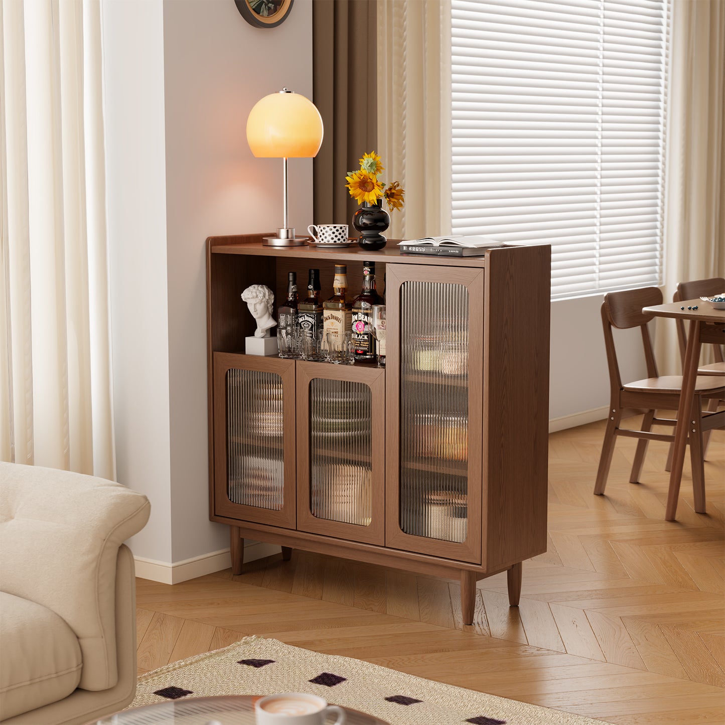 uffet Cabinet with Storage,Modern Sideboard Kitchen Cabinet with 3 Glass Doors,Sideboard Buffet Cabinet with Storage,39.3" Wood Coffee Bar Cabinet for Living Room,Hallway and Bedroom