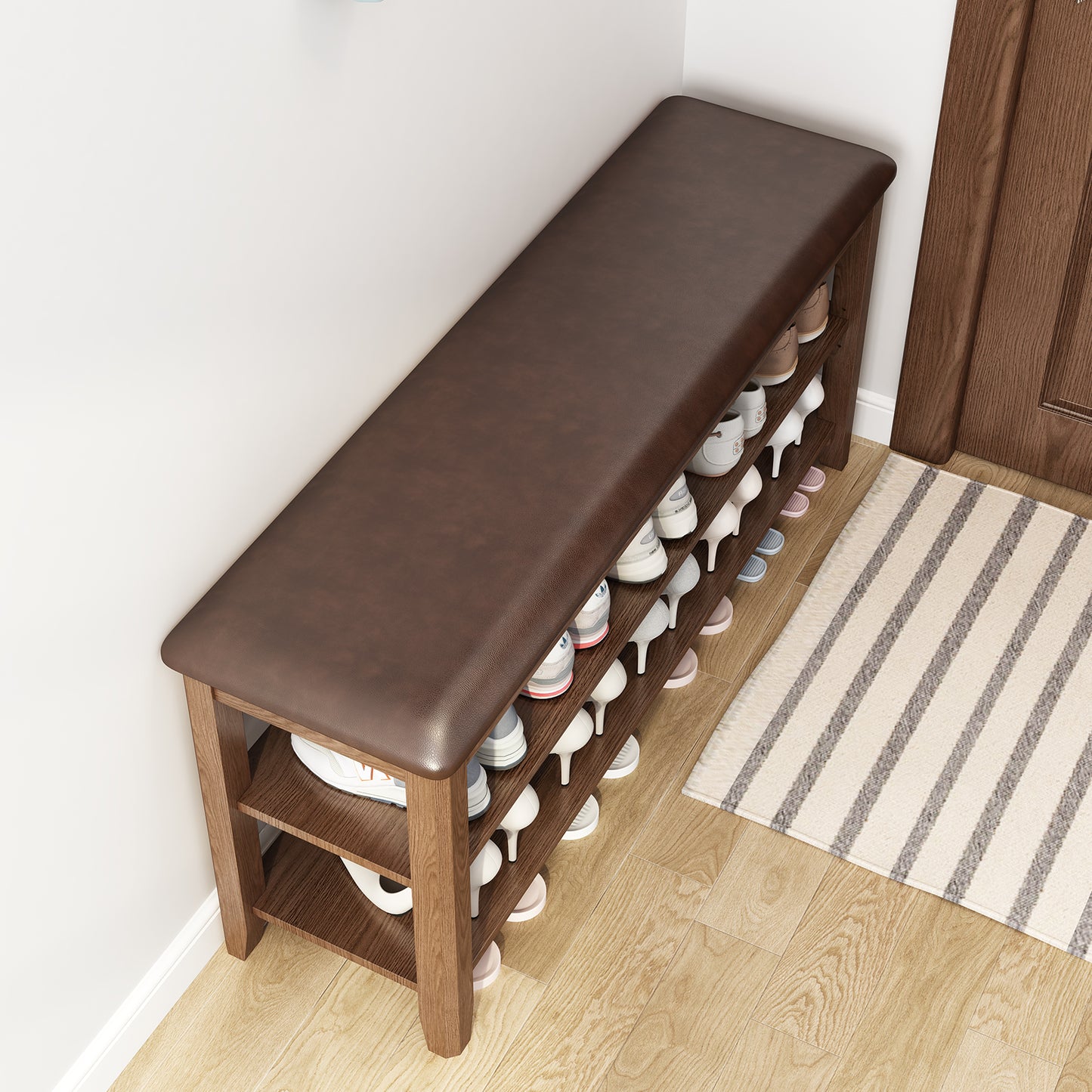 Shoe Bench with Leather Cushion, 3 Tiers Shoe Storage Bench Height Adjustable, Walnut Wood Entryway Bench for Hallway, Mudroom