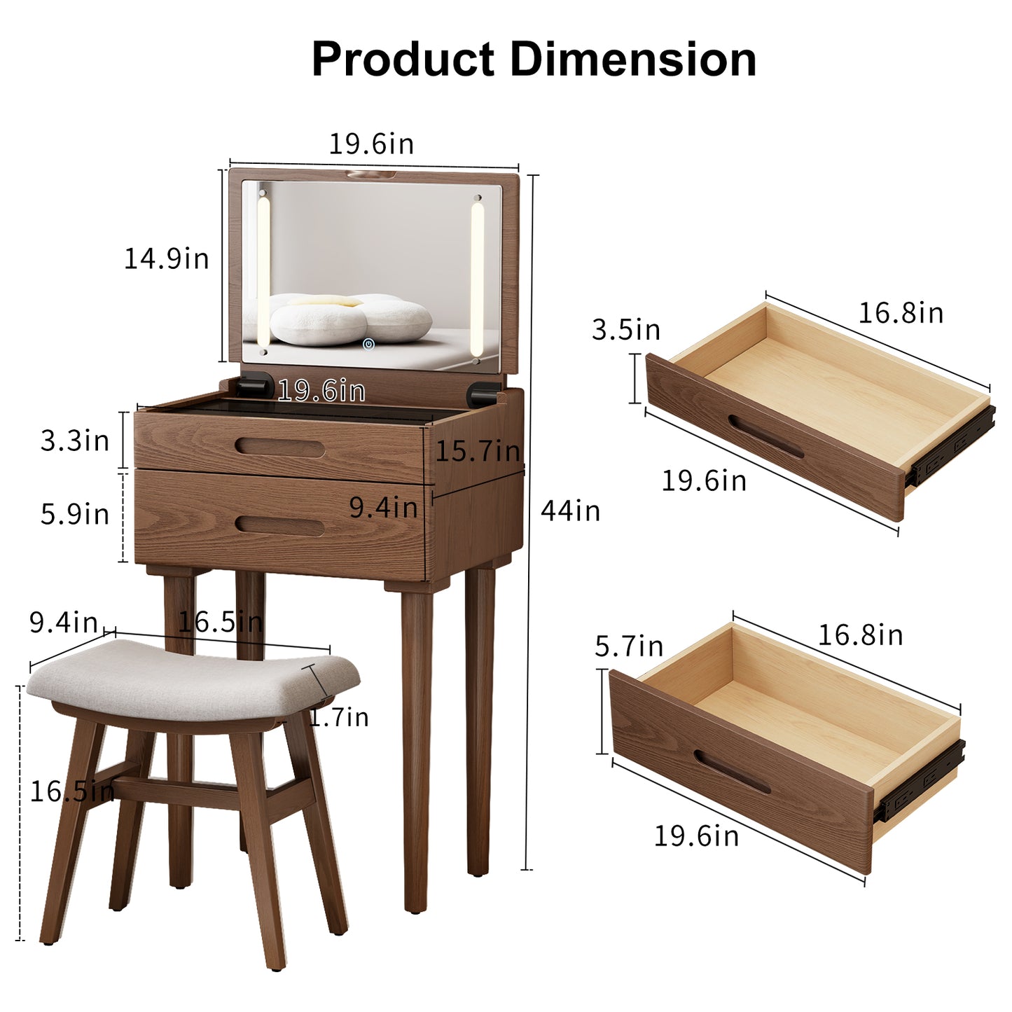Solid Wood Vanity Desk with Plip Top Mirror & Lights, Small Makeup Vanity with Drawers, 3 Lighting Modes Adjustable Brightness, Vanity Table for Bedroom and Living Room
