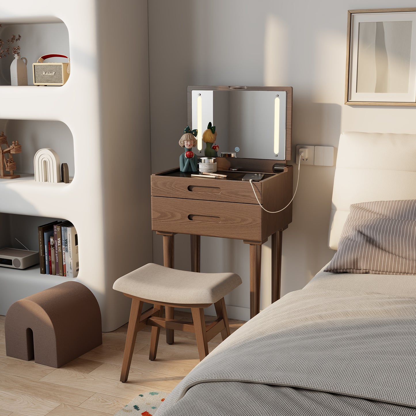 Solid Wood Vanity Desk with Plip Top Mirror & Lights, Small Makeup Vanity with Drawers, 3 Lighting Modes Adjustable Brightness, Vanity Table for Bedroom and Living Room