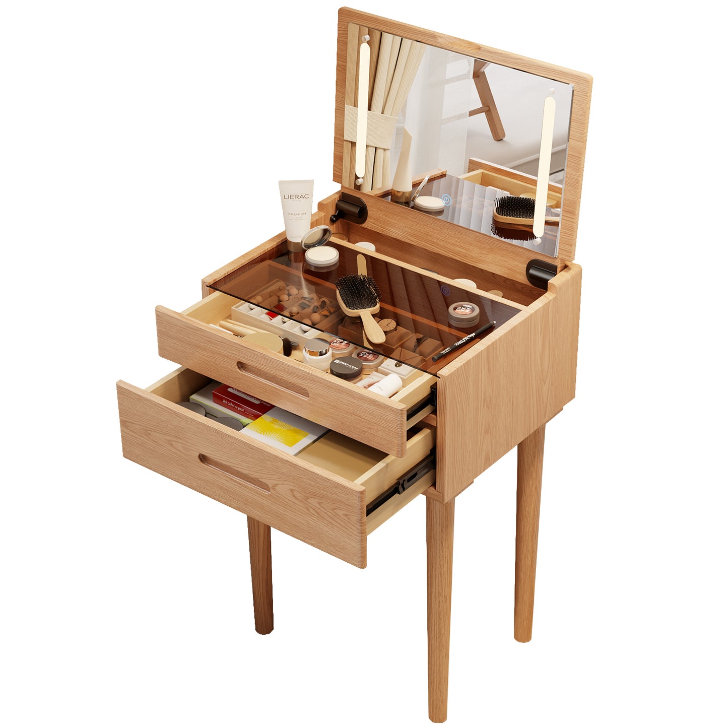 Solid Wood Vanity Desk with Plip Top Mirror & Lights, Small Makeup Vanity with Drawers, 3 Lighting Modes Adjustable Brightness, Vanity Table for Bedroom and Living Room