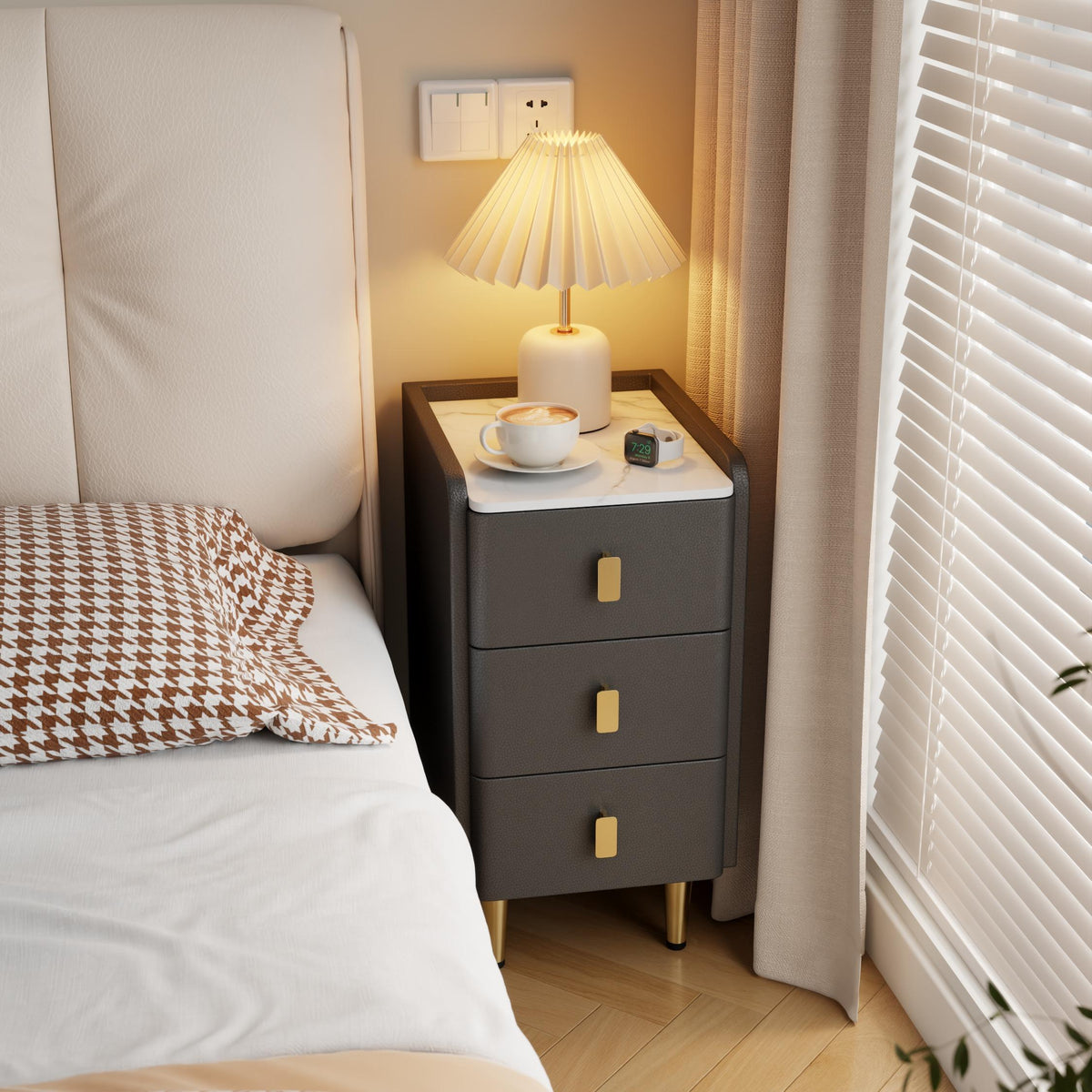 Narrow Bedside Table with 3 Drawers, Wood Frame and Leather Surface - iKaslandi
