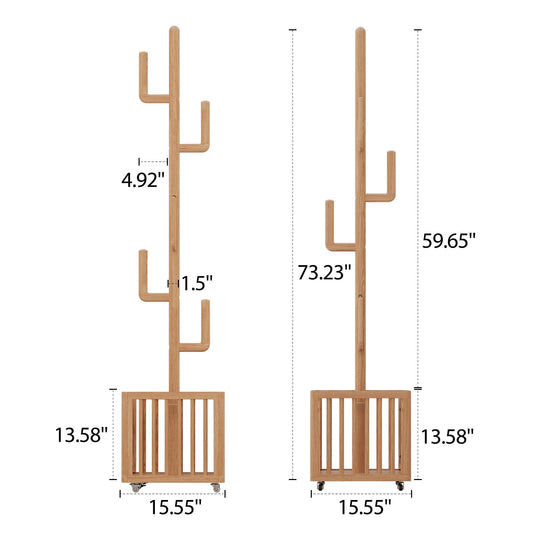 Solid Wood Cactus Coat Rack with 6 Hooks and Storage Basket - iKaslandi
