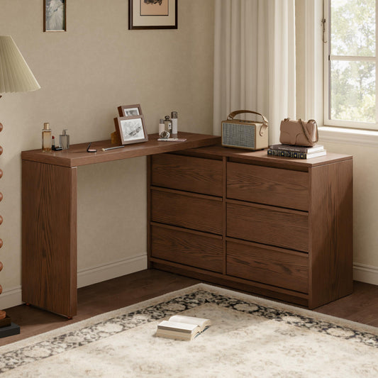 Solid Wood Makeup Vanity Desk with 6 Drawers and Adjustable Shelves - iKaslandi