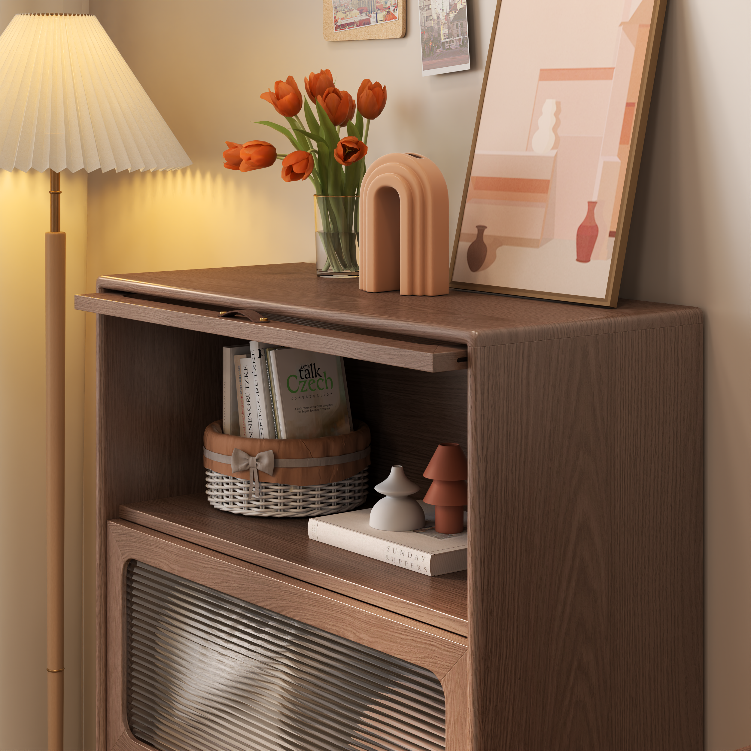 3-Tier Solid Wood Bookcase with Flip-Up Glass Doors