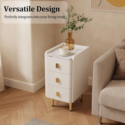 Narrow Bedside Table with 3 Drawers, Wood Frame and Leather Surface - iKaslandi