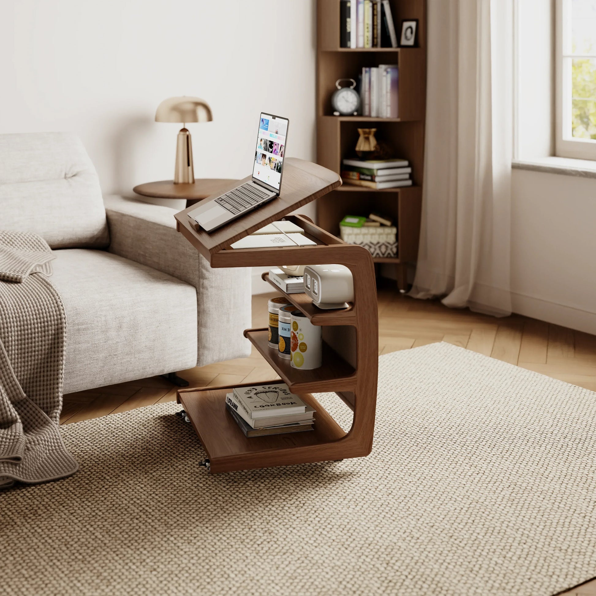Solid Wood C - Shaped Table for Couch with 3 - Tier Storage - Kaslandi Furniture