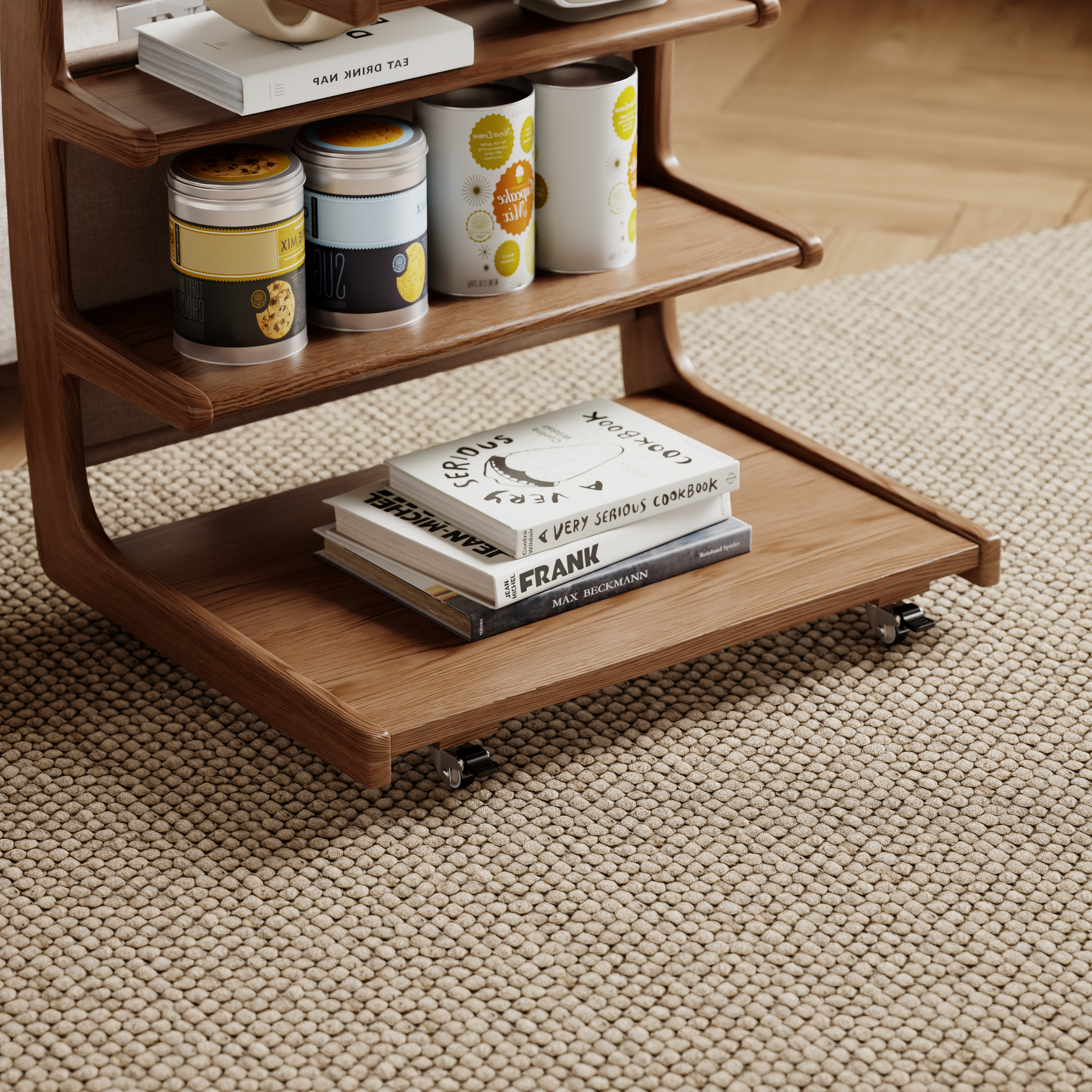 Solid Wood C-Shaped Table for Couch with 3-Tier Storage