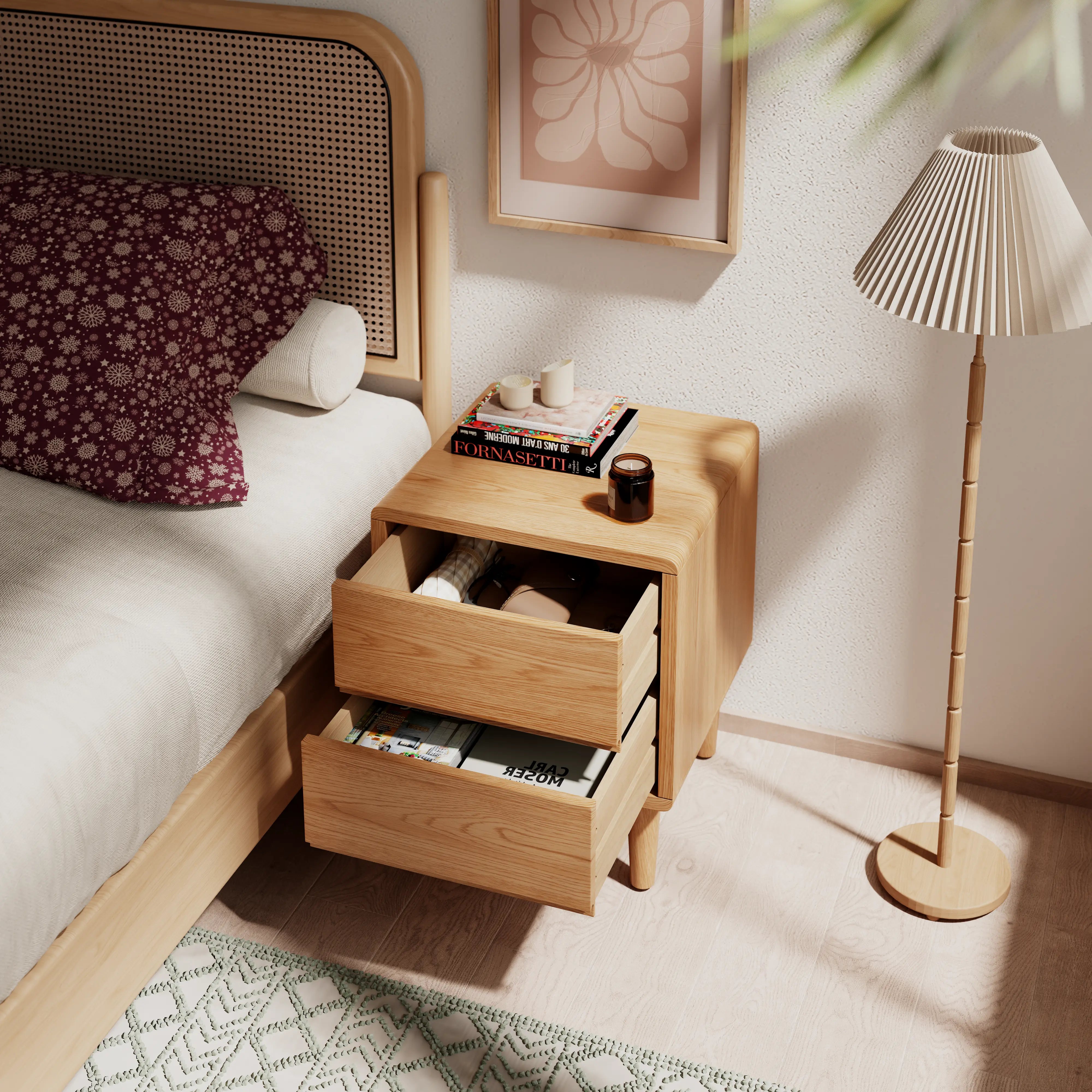 Mid-Century Modern Solid Wood Nightstand with 2-3 Hidden Drawers