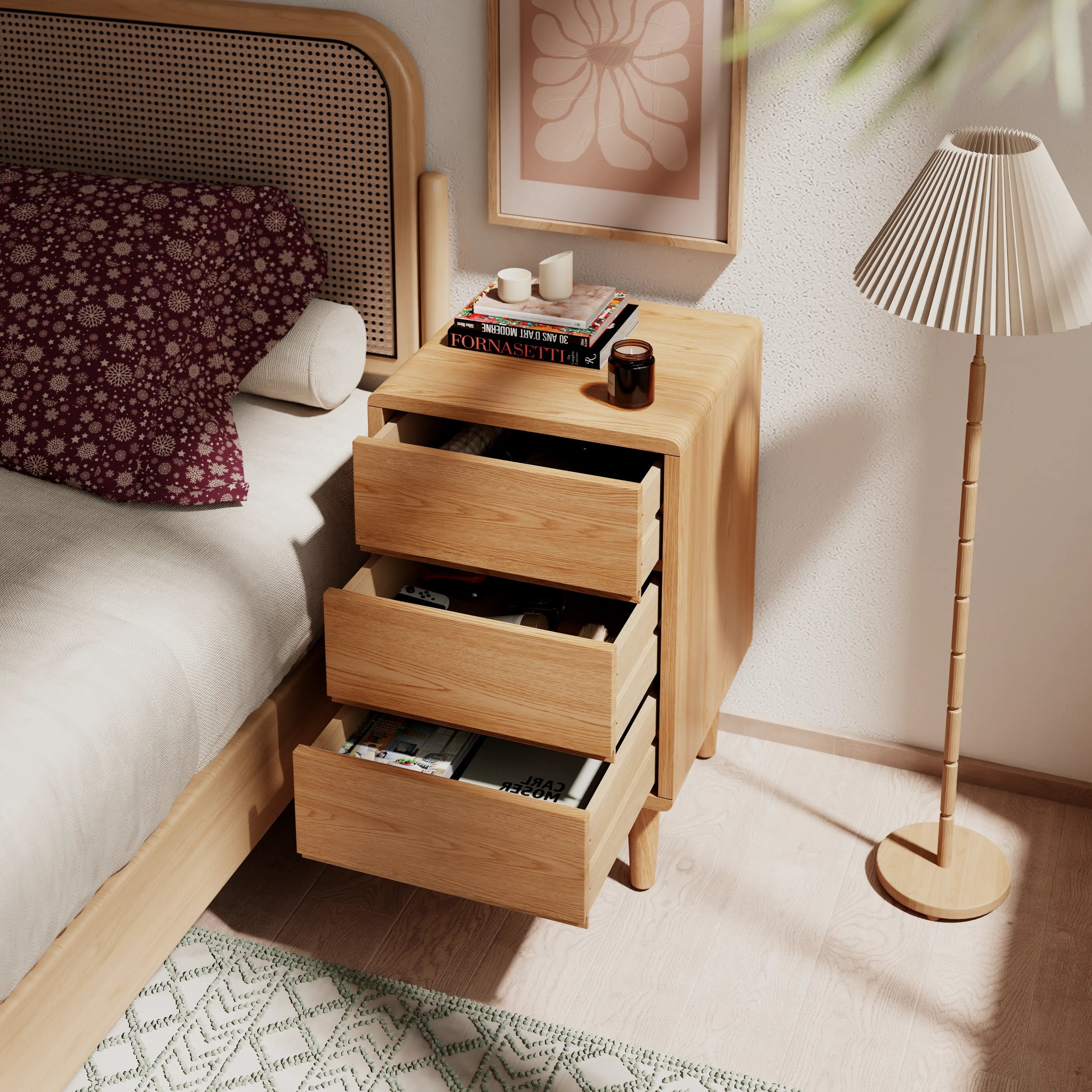 Mid-Century Modern Solid Wood Nightstand with 2-3 Hidden Drawers
