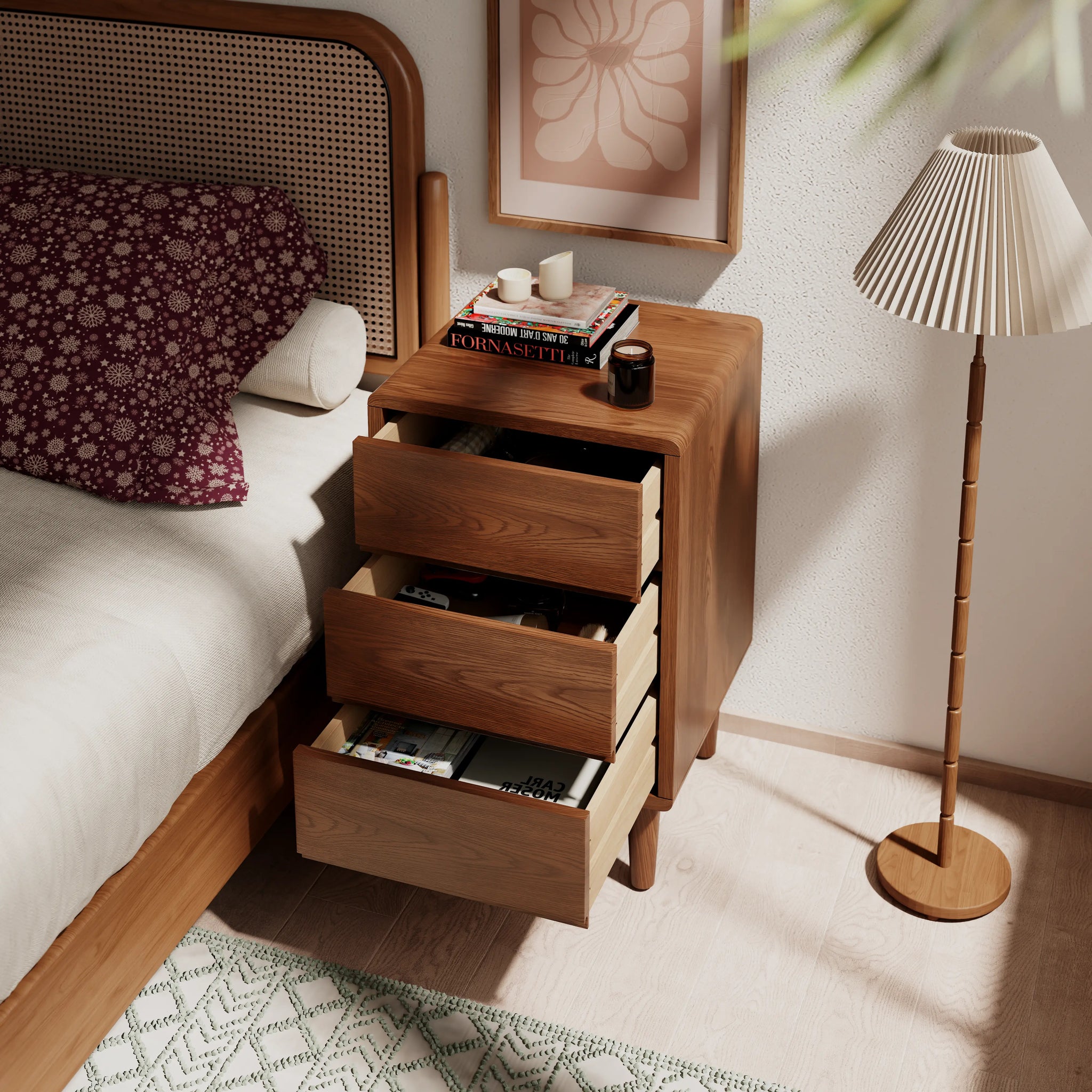 Mid-Century Modern Solid Wood Nightstand with 2-3 Hidden Drawers