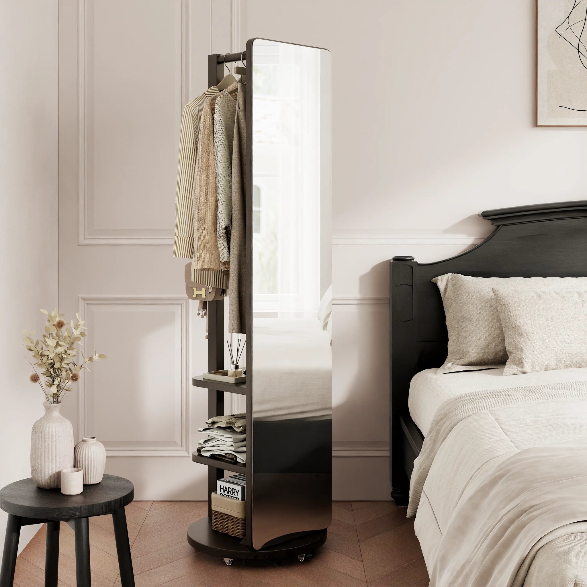 Full - Length Mirror with Storage, Clothing Rack & Wheels - iKaslandi
