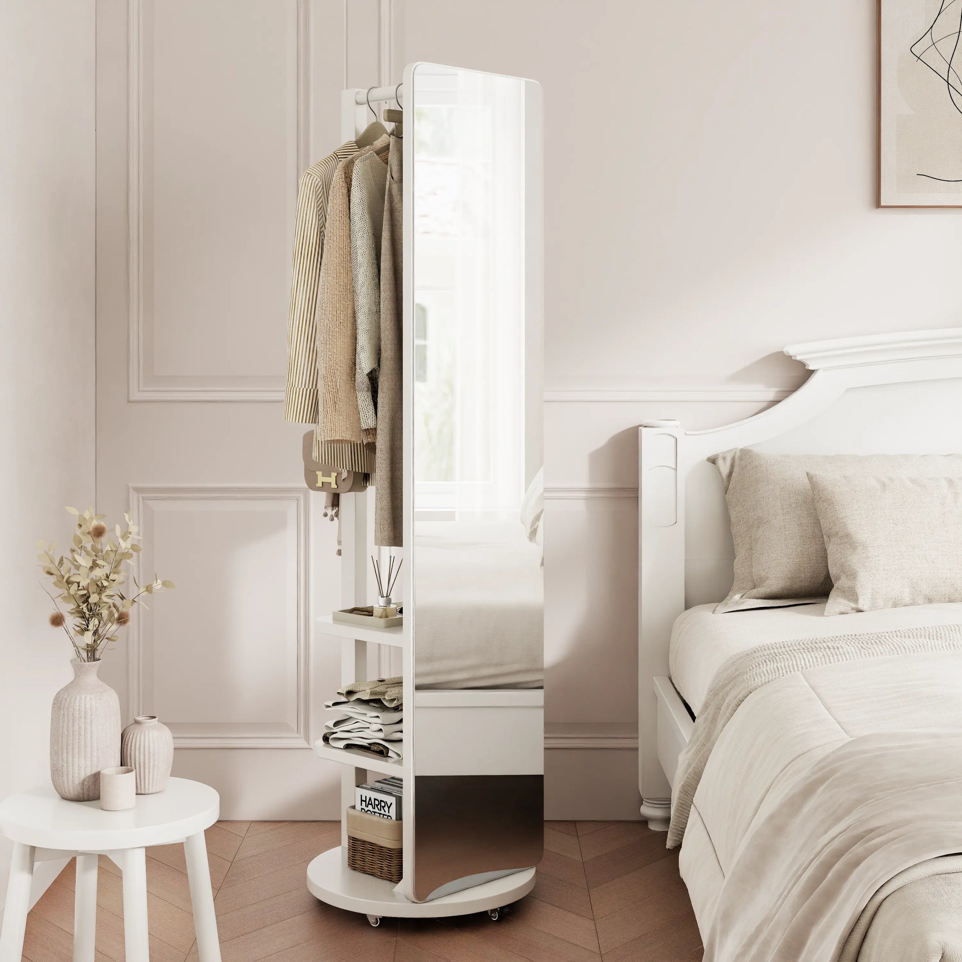 Full - Length Mirror with Storage, Clothing Rack & Wheels - iKaslandi