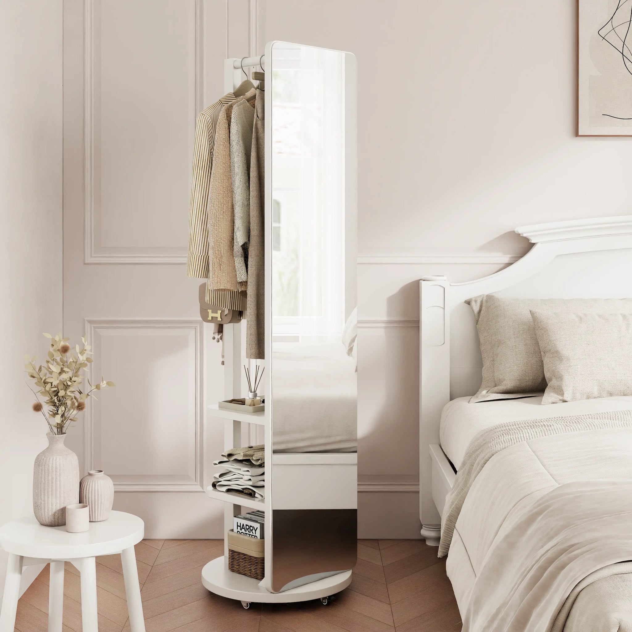 Full - Length Mirror with Storage, Clothing Rack & Wheels - iKaslandi