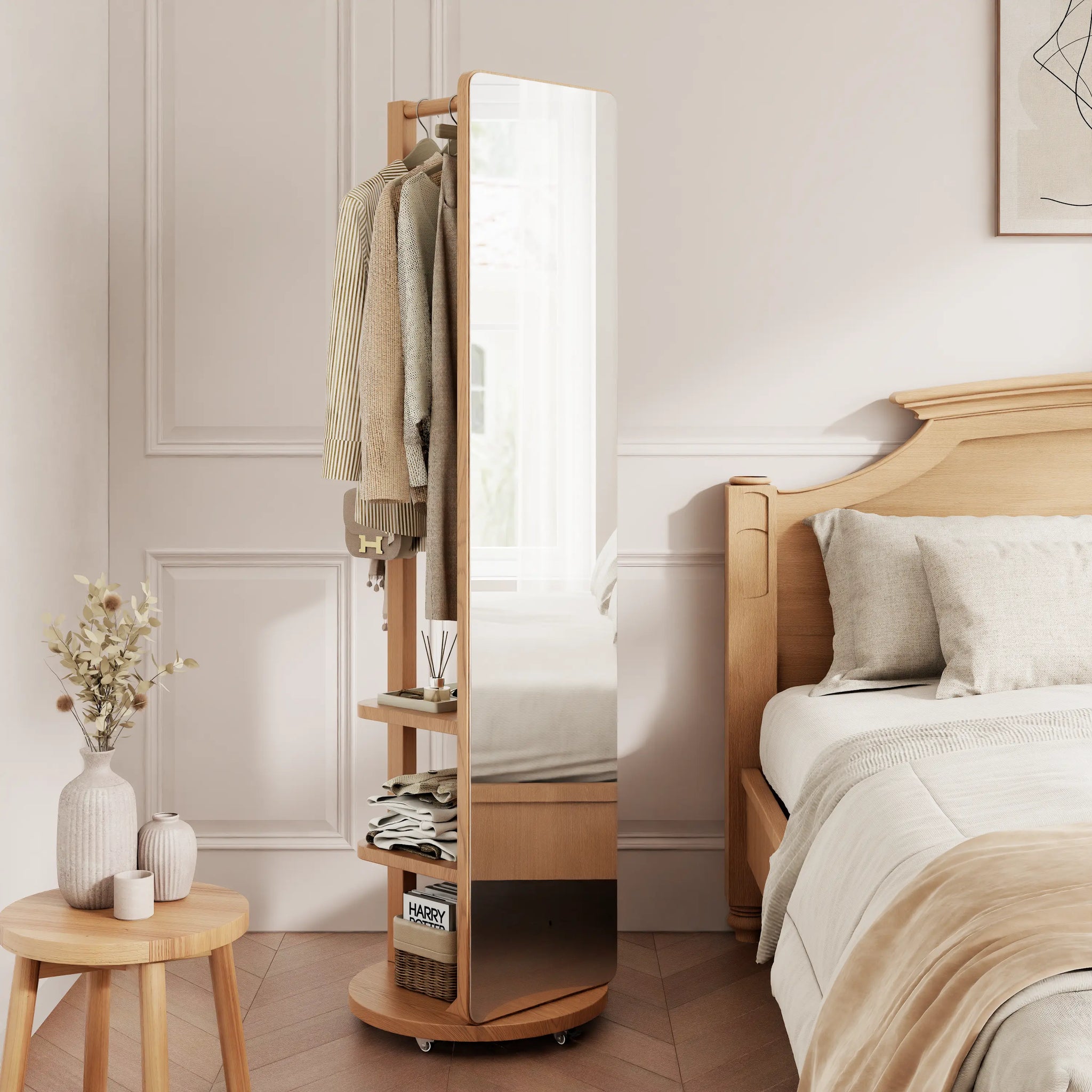 Full - Length Mirror with Storage, Clothing Rack & Wheels - iKaslandi