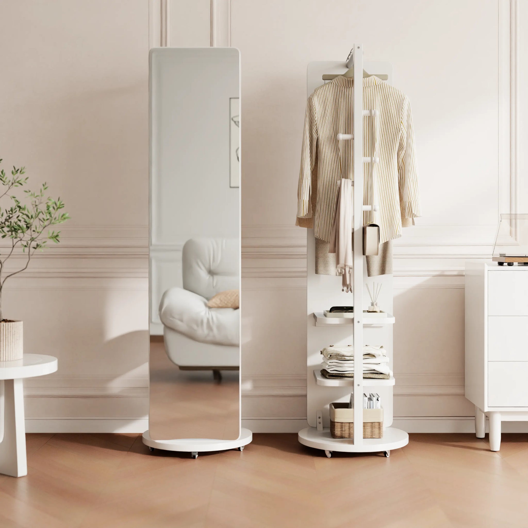 Full - Length Mirror with Storage, Clothing Rack & Wheels - iKaslandi
