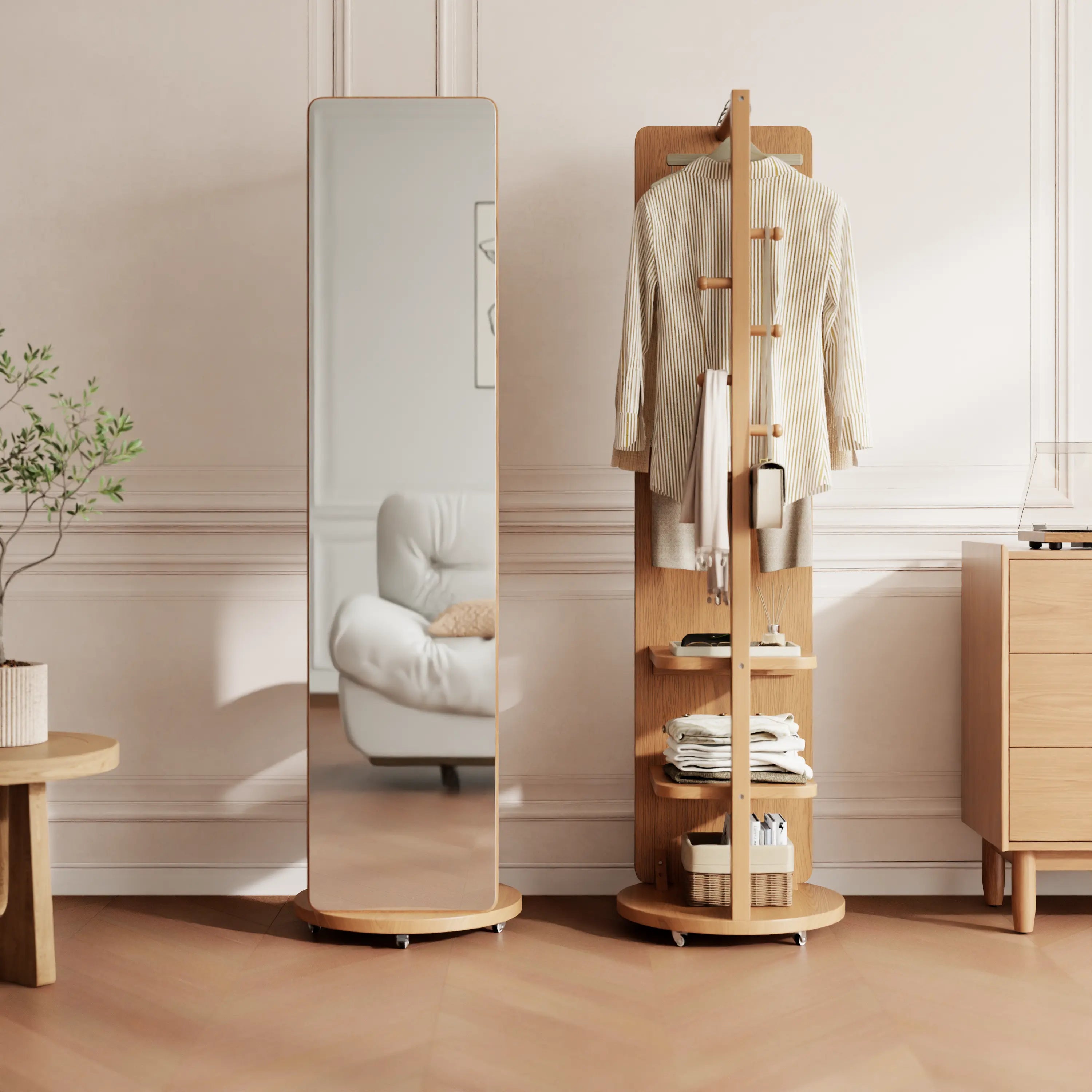 Full - Length Mirror with Storage, Clothing Rack & Wheels - iKaslandi