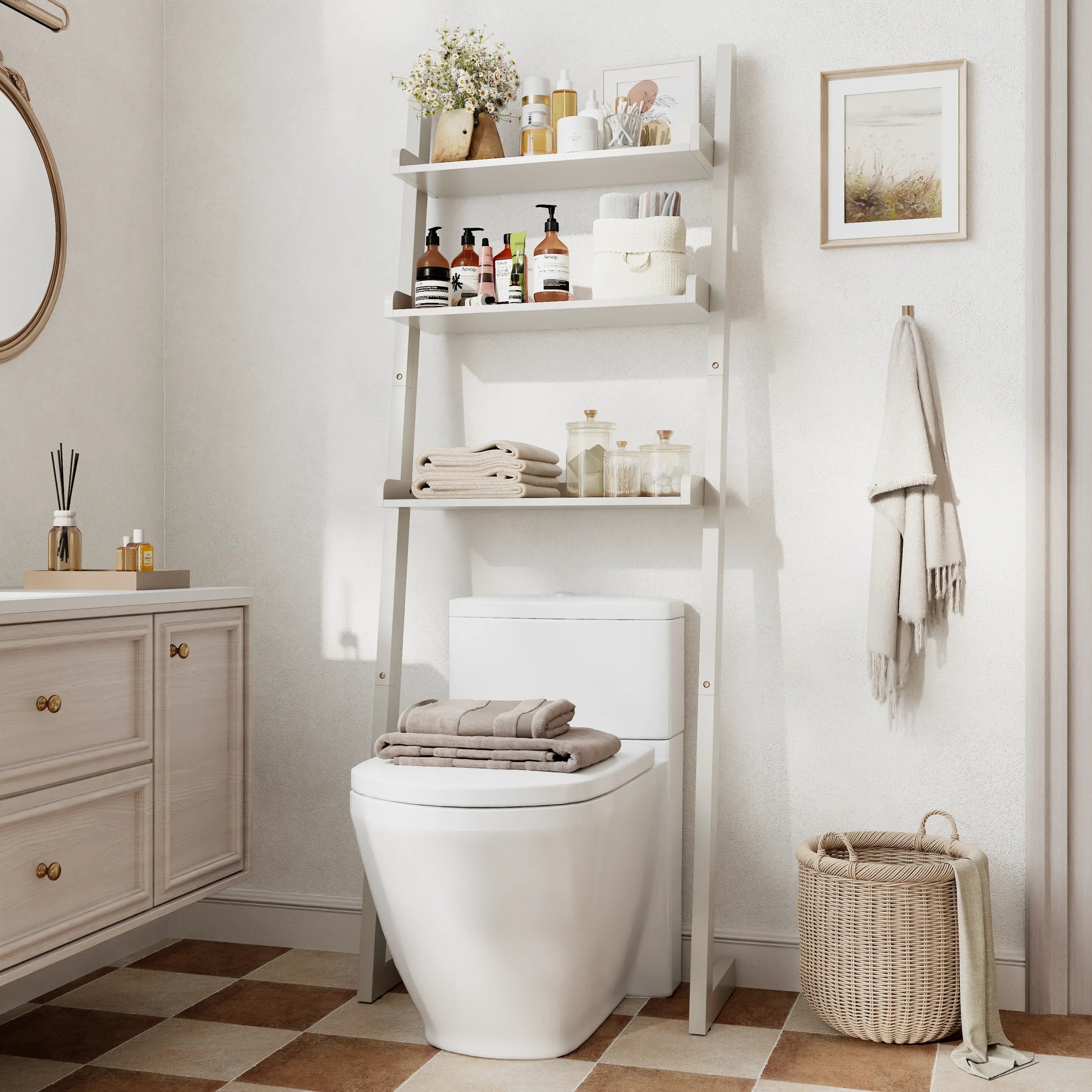 Over - the - Toilet Ladder Shelf - 3 - Tier Solid Wood Bathroom Storage - iKaslandi