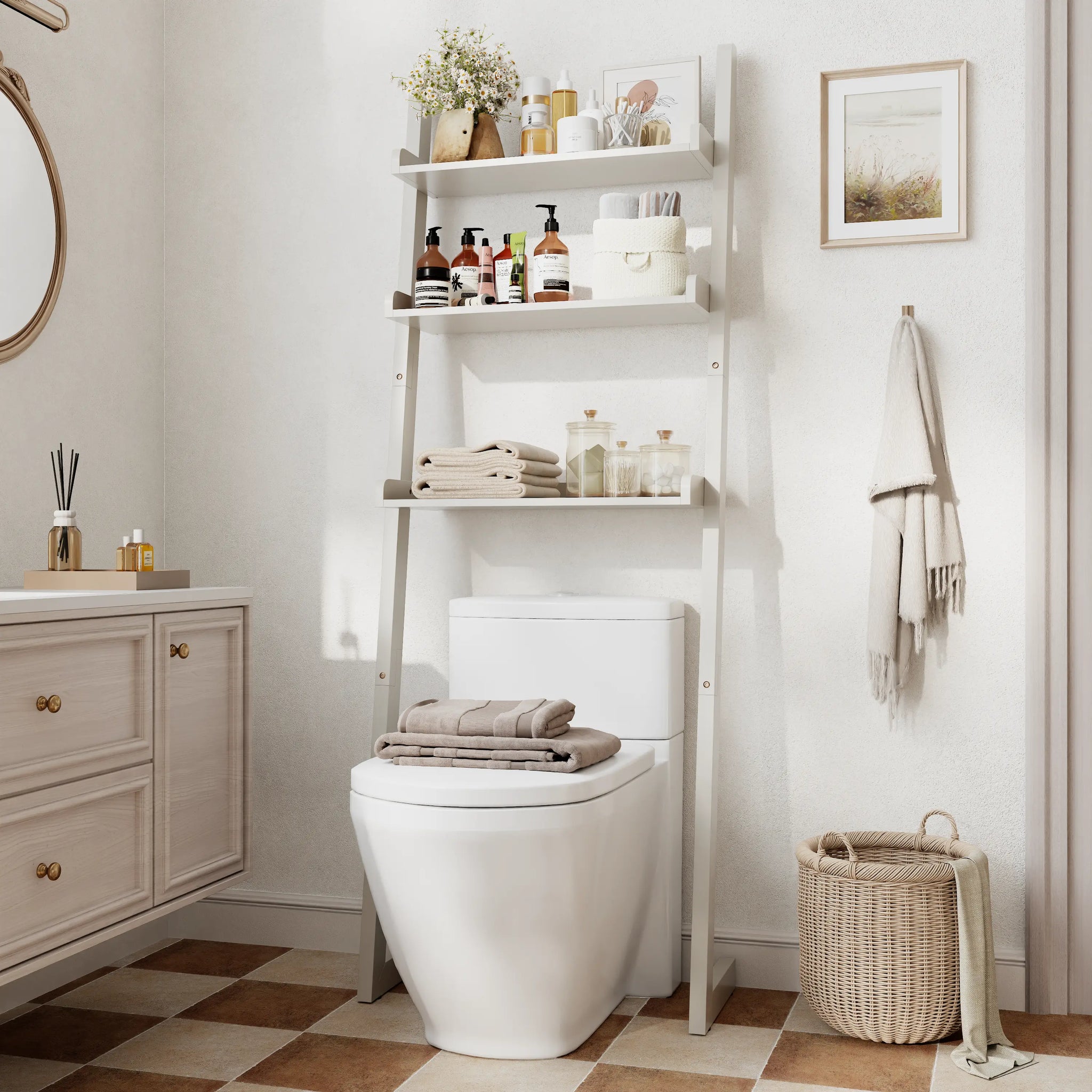 Over - the - Toilet Ladder Shelf - 3 - Tier Solid Wood Bathroom Storage - iKaslandi