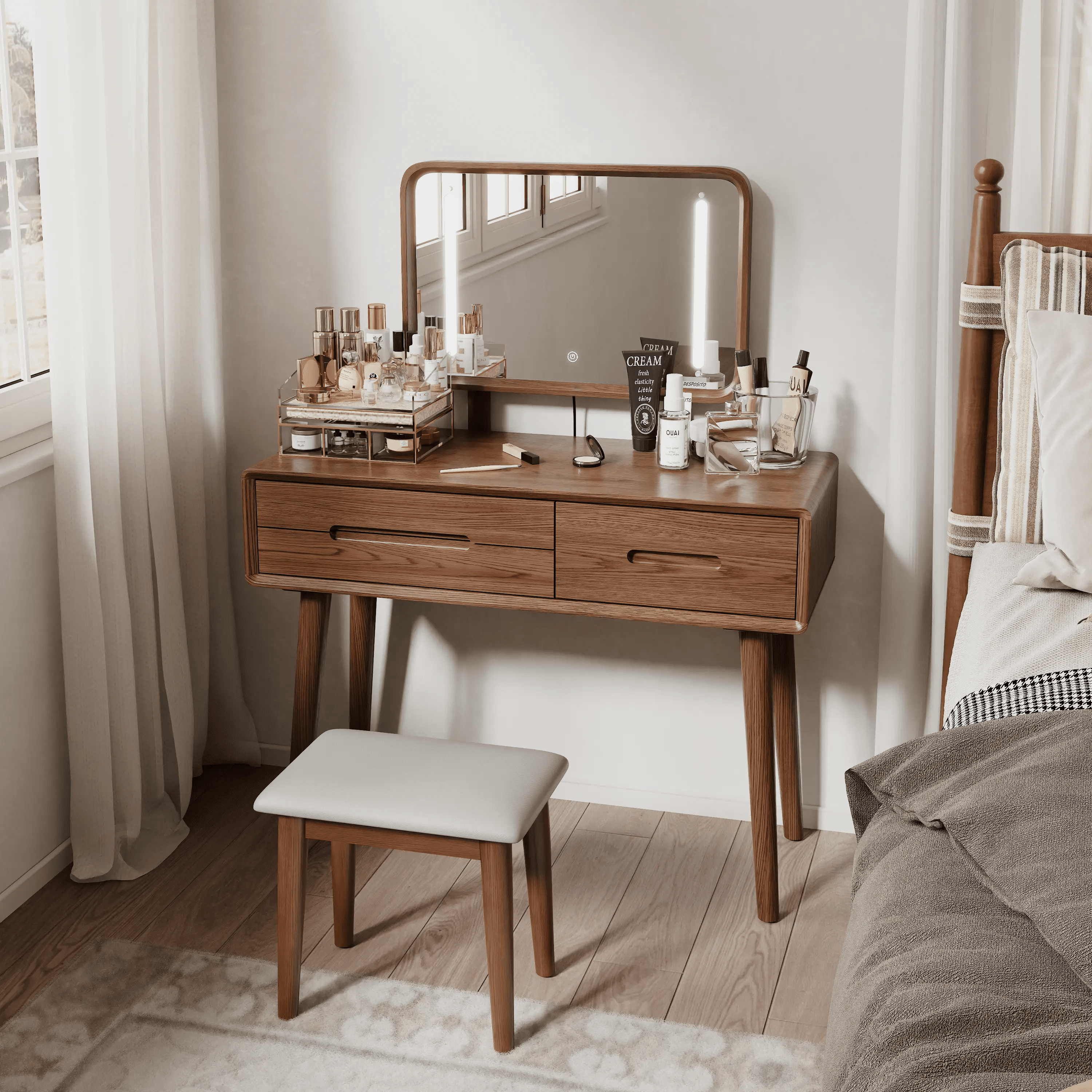 Solid Wood Vanity Desk with Detachable Lighted Mirror | Converts to Writing Desk - iKaslandi