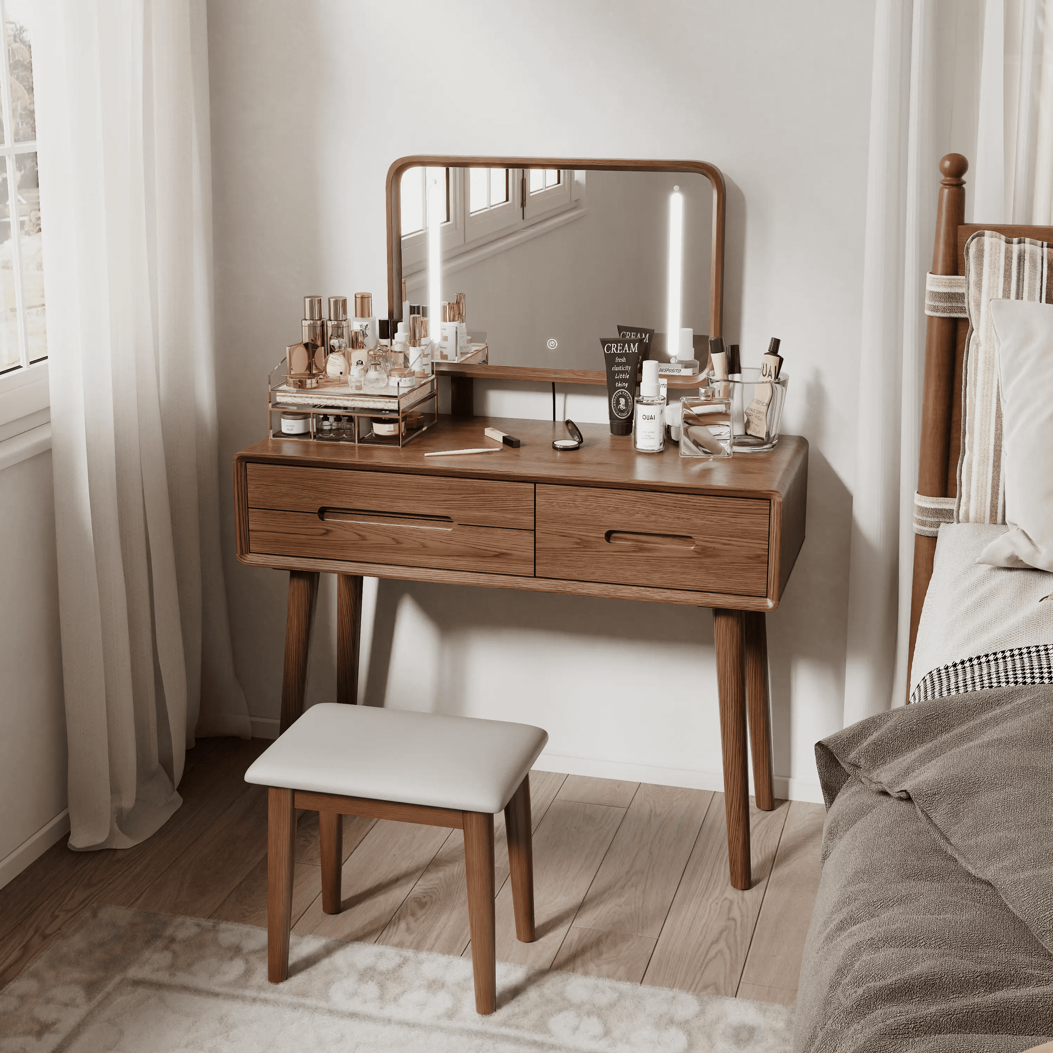 Solid Wood Vanity Desk with Detachable Lighted Mirror | Converts to Writing Desk - iKaslandi