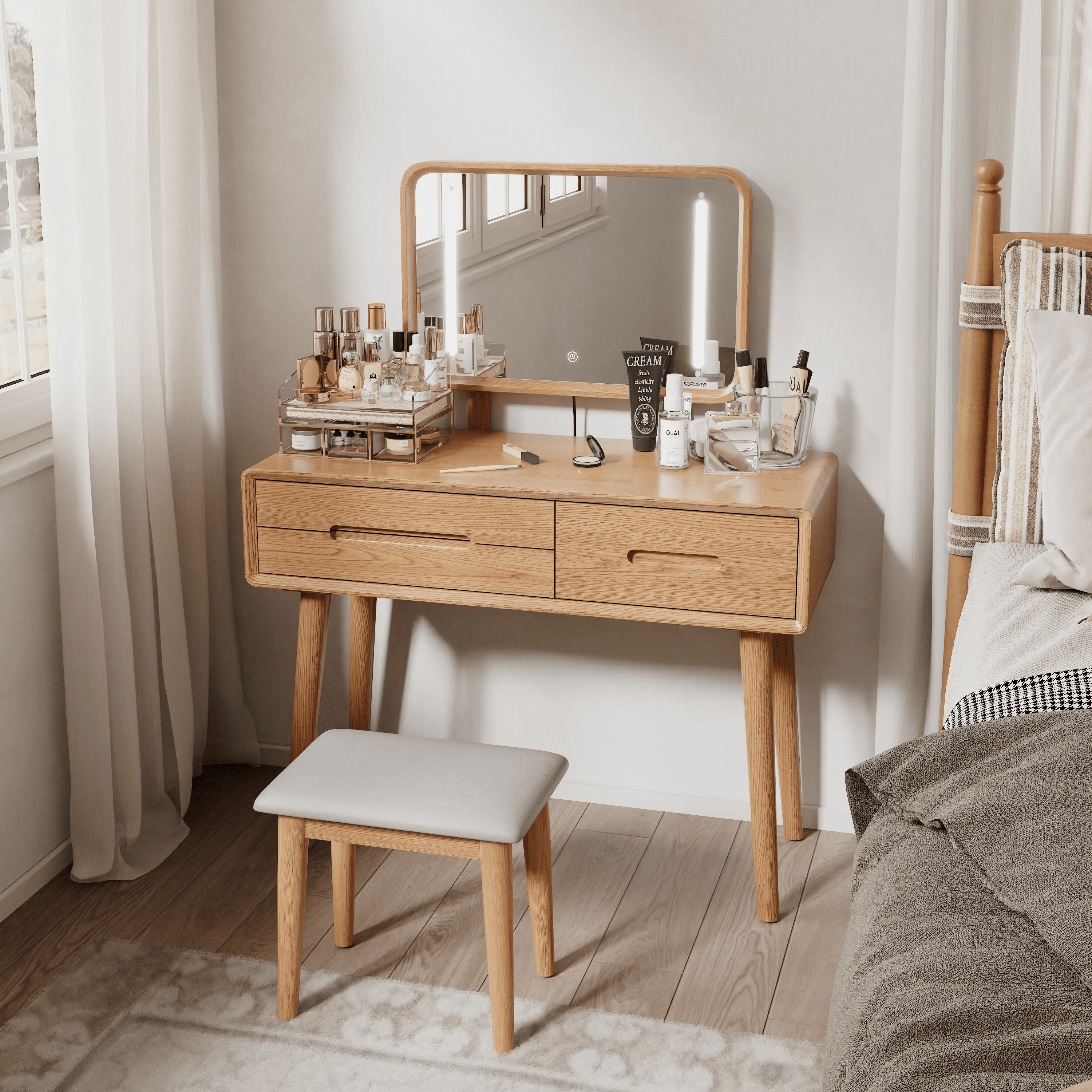 Solid Wood Vanity Desk with Detachable Lighted Mirror | Converts to Writing Desk - iKaslandi