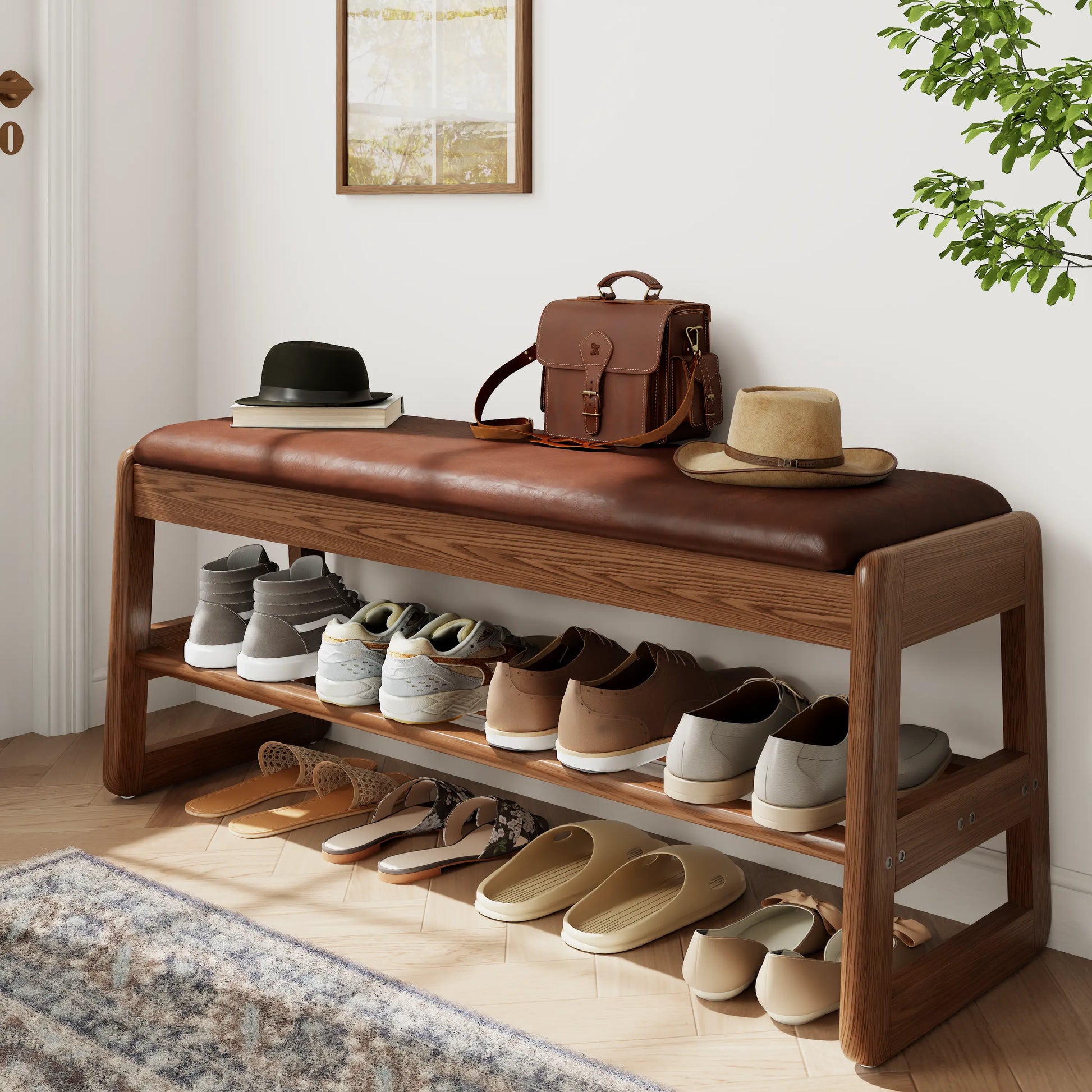Solid Wood Storage Entryway Bench with Shoe Rack & Padded Seat - iKaslandi