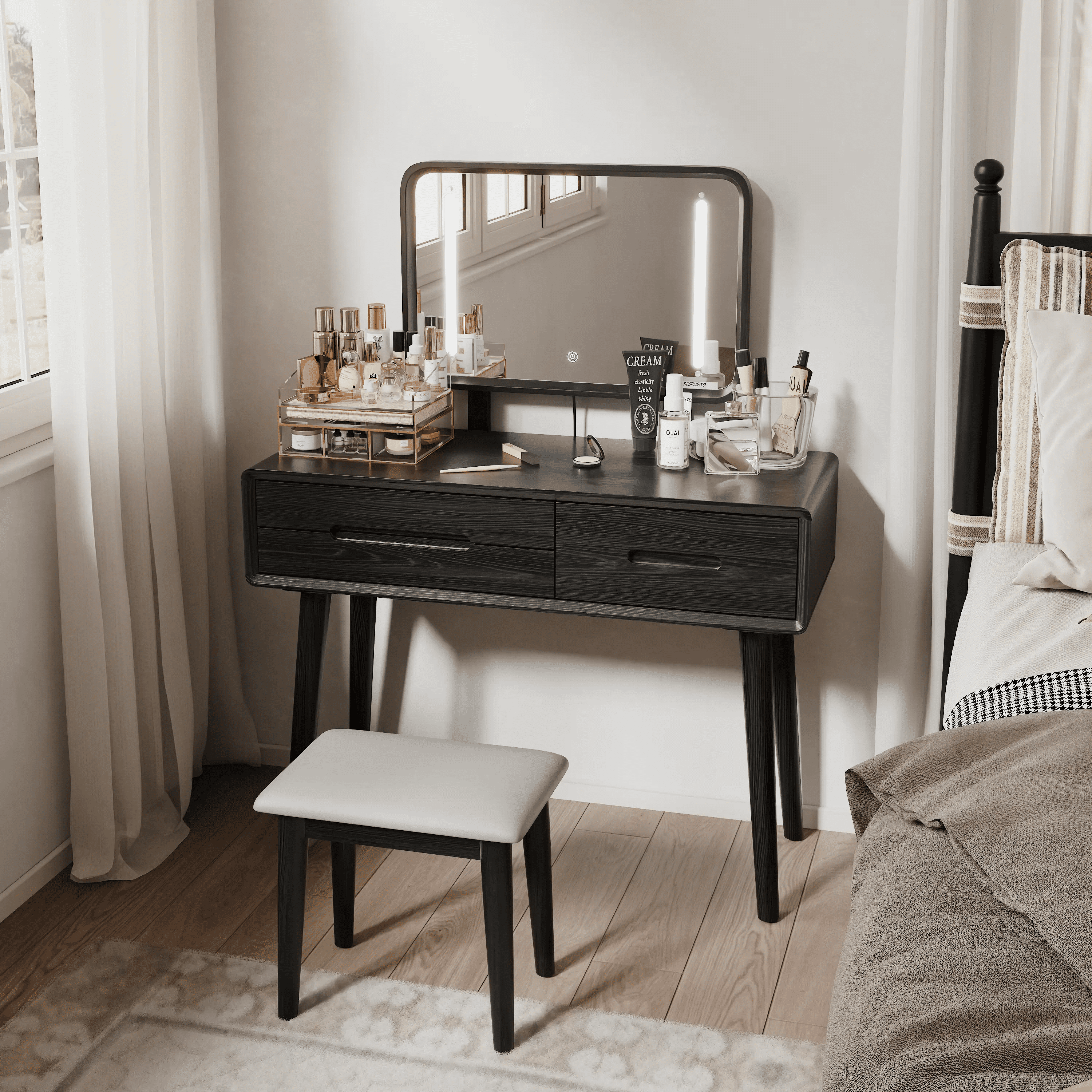 Solid Wood Vanity Desk with Detachable Lighted Mirror | Converts to Writing Desk - iKaslandi