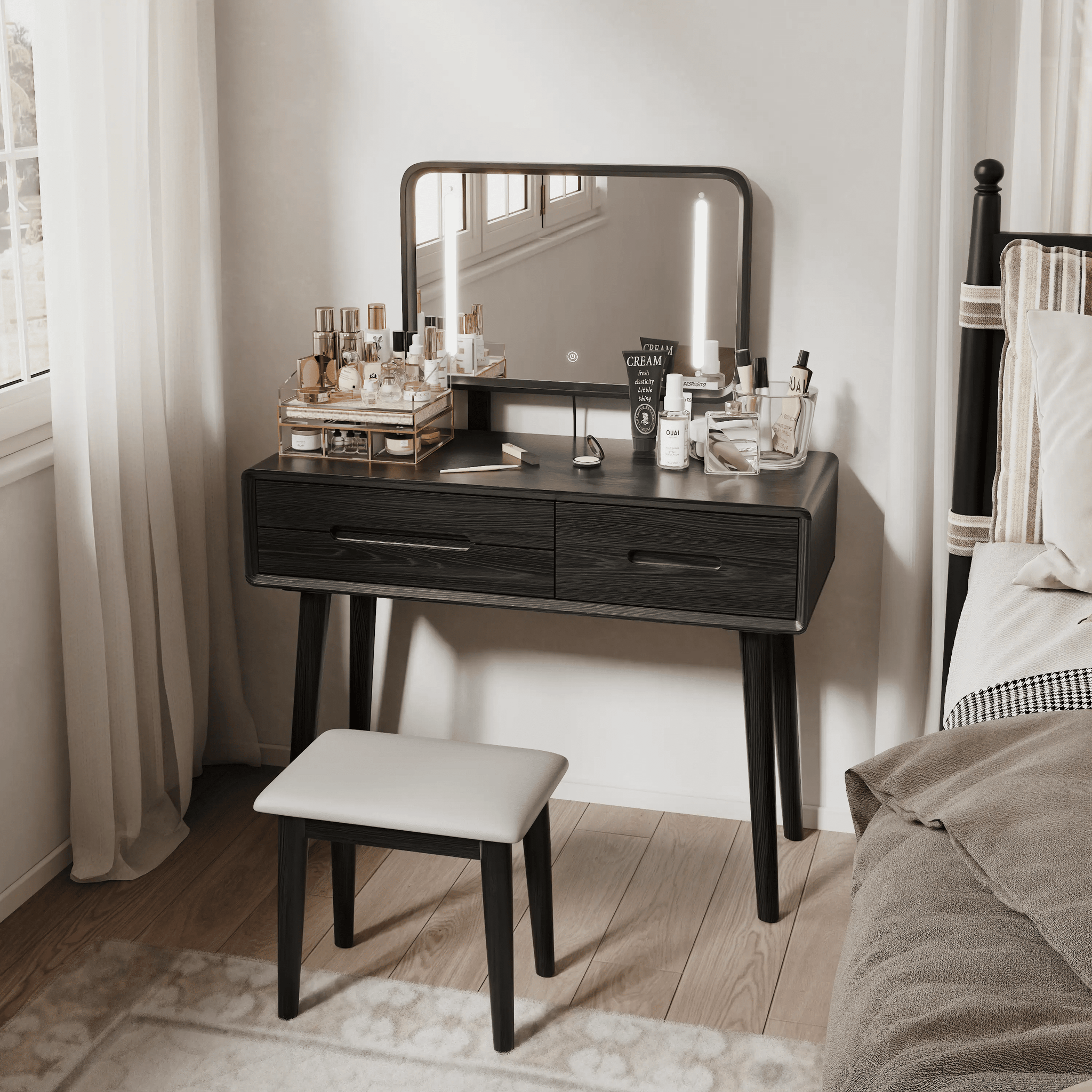 Solid Wood Vanity Desk with Detachable Lighted Mirror | Converts to Writing Desk - iKaslandi