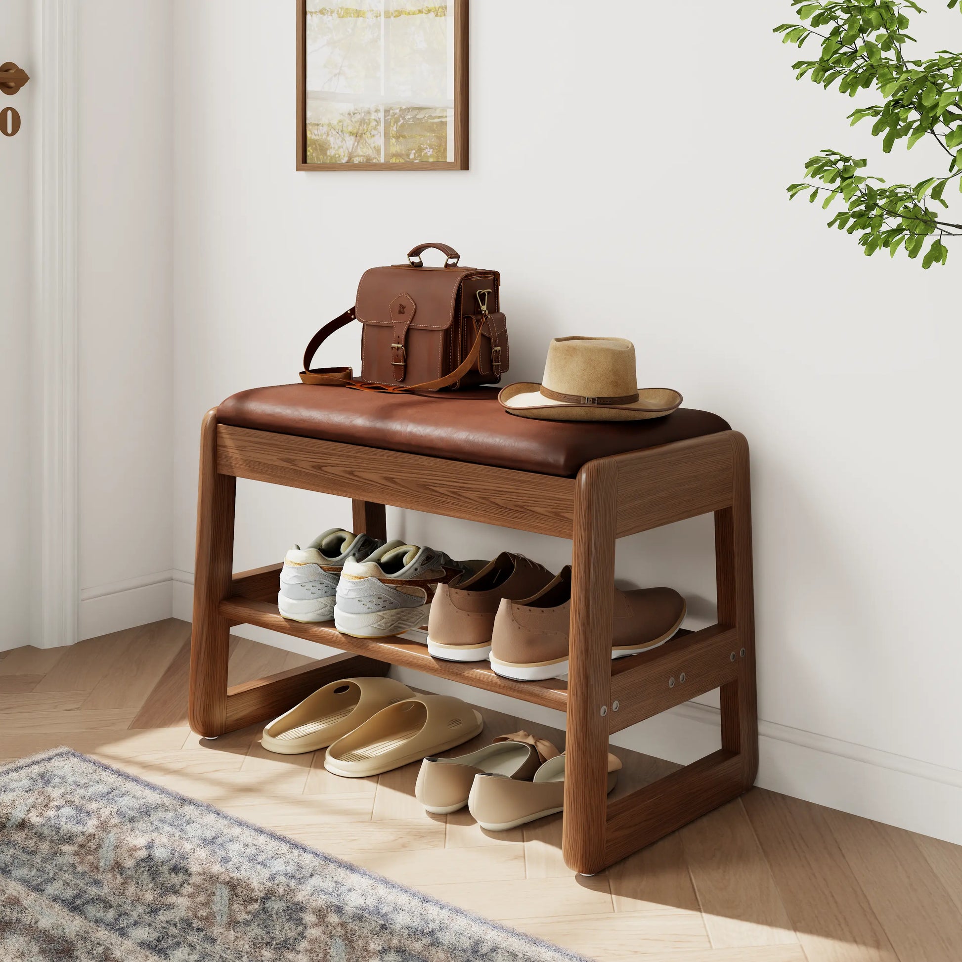 Solid Wood Storage Entryway Bench with Shoe Rack & Padded Seat - iKaslandi