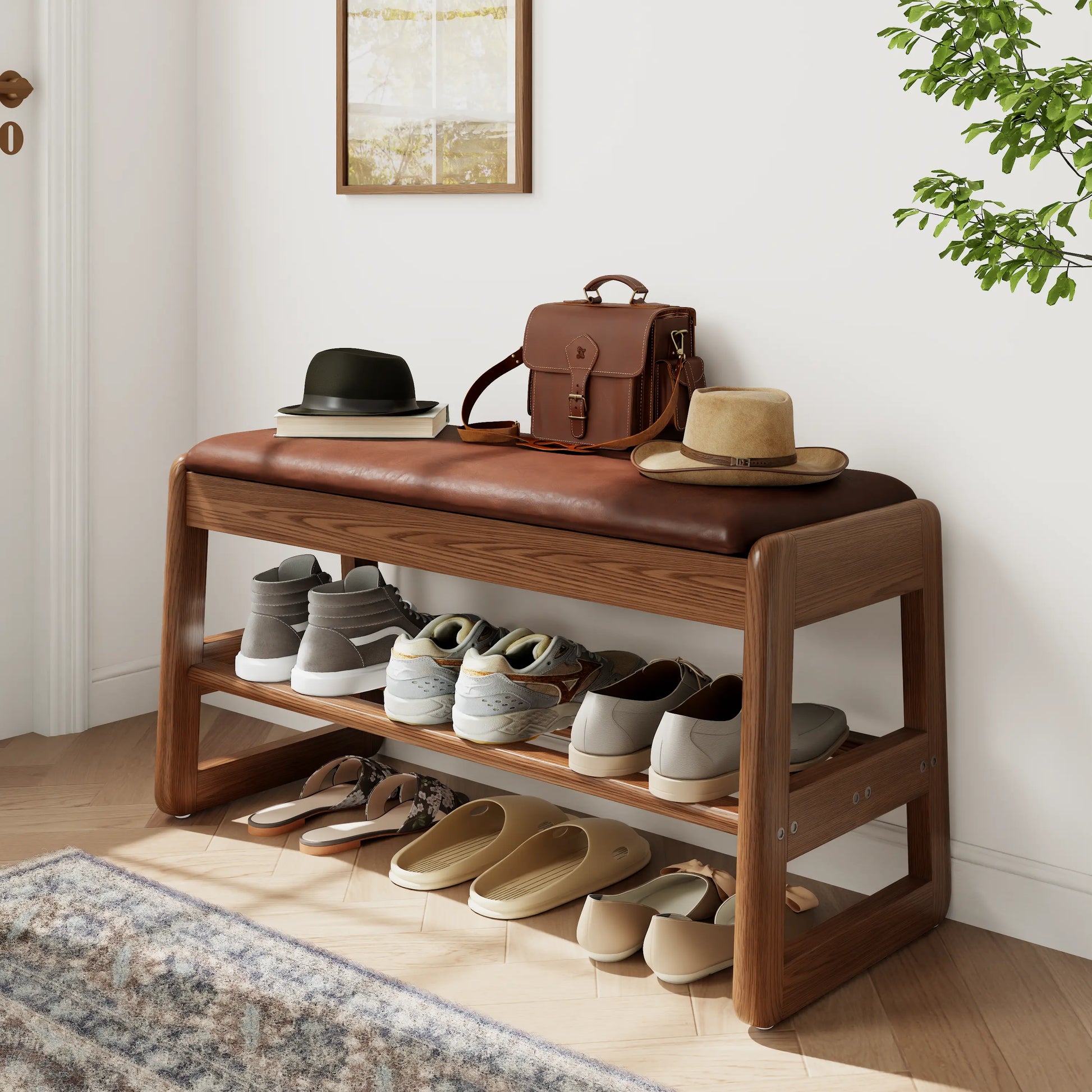 Solid Wood Storage Entryway Bench with Shoe Rack & Padded Seat - iKaslandi