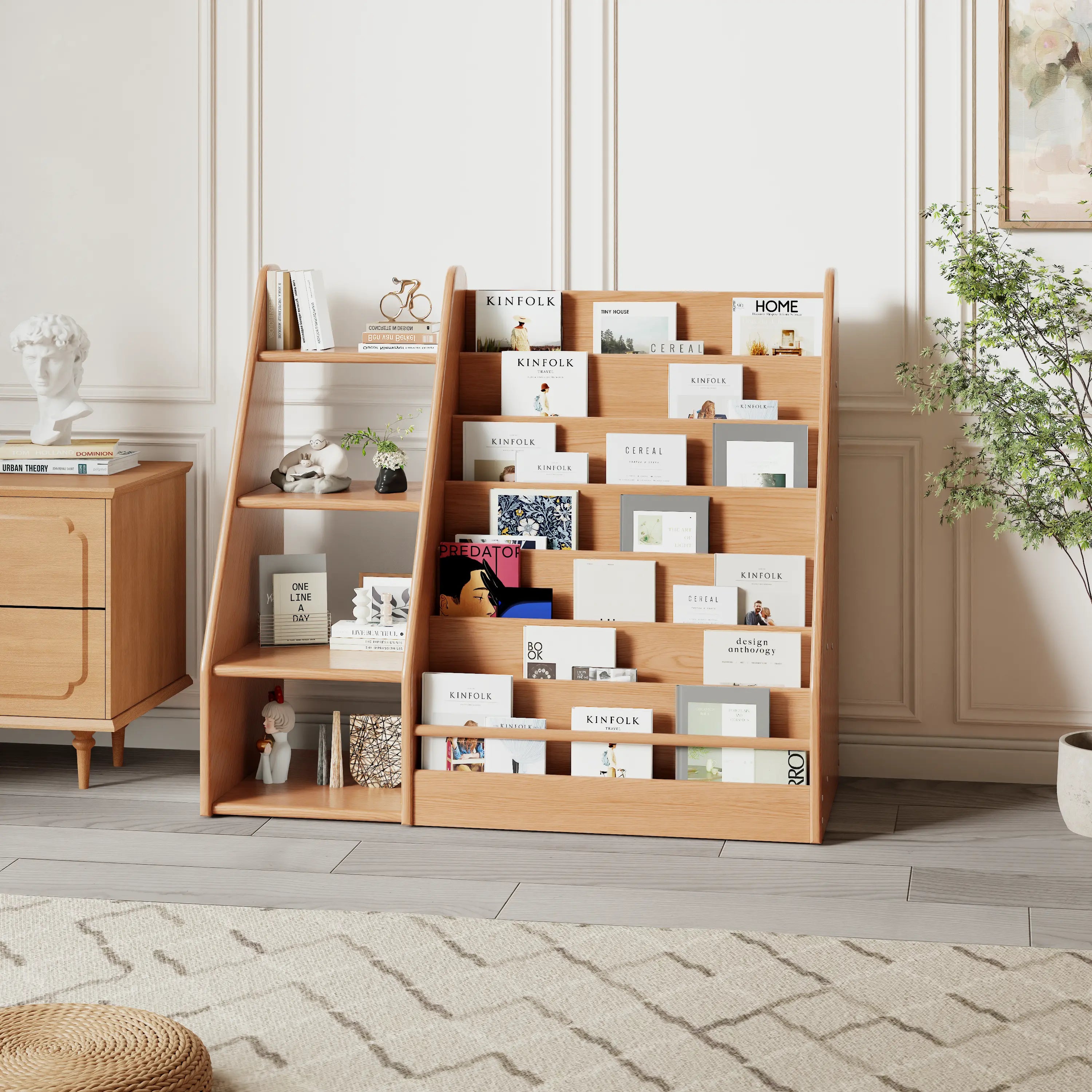 Solid Wood Kids Bookshelf – Face - Out Display & Anti - Tip Anchor - iKaslandi