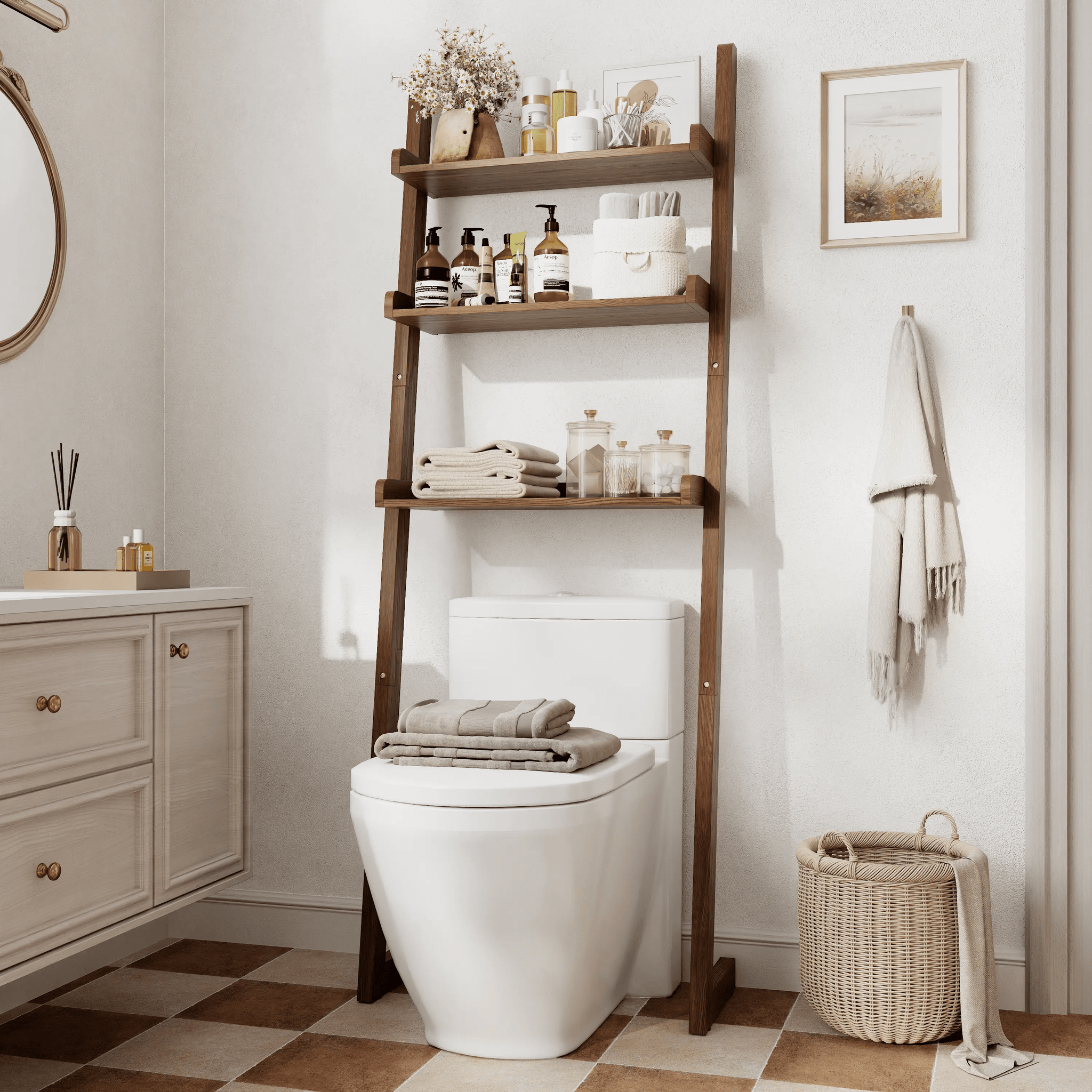 Over - the - Toilet Ladder Shelf - 3 - Tier Solid Wood Bathroom Storage - iKaslandi
