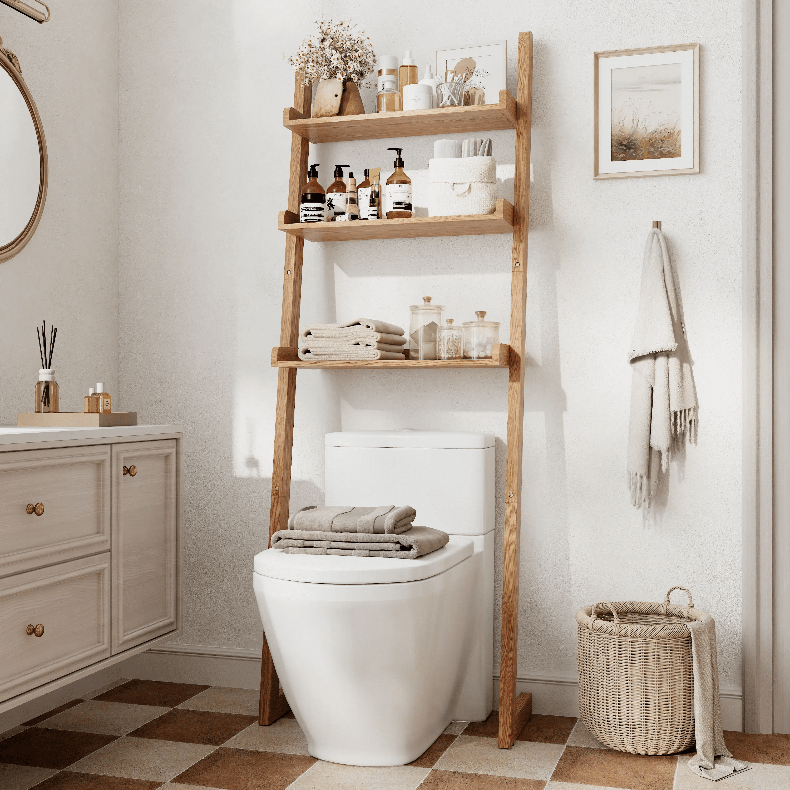 Over - the - Toilet Ladder Shelf - 3 - Tier Solid Wood Bathroom Storage - iKaslandi