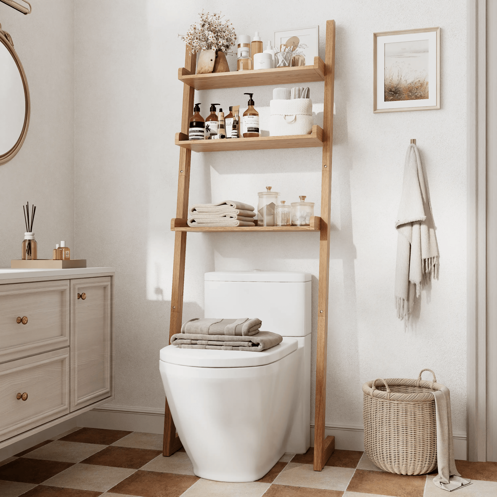 Over - the - Toilet Ladder Shelf - 3 - Tier Solid Wood Bathroom Storage - iKaslandi