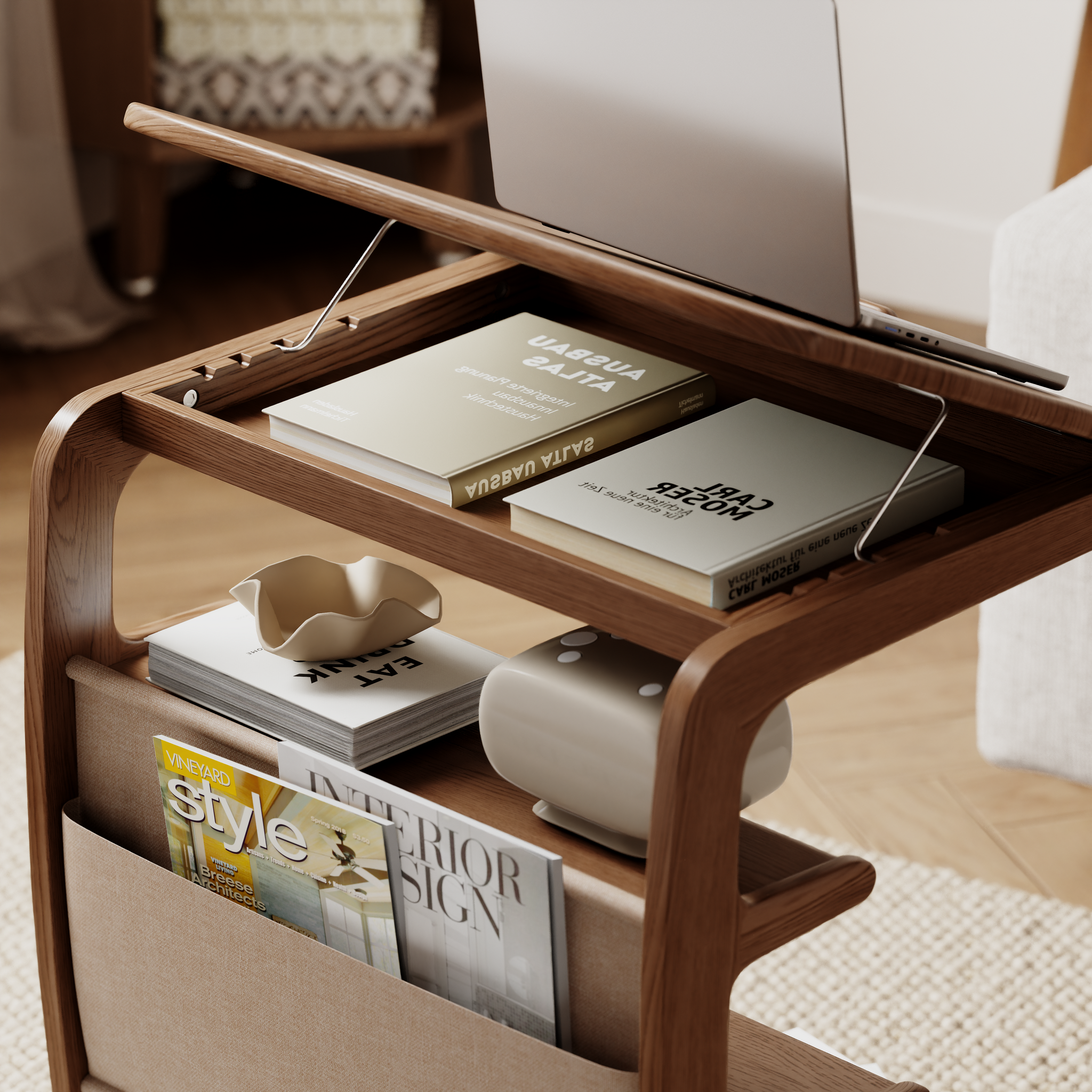 Solid Wood C-Shaped Table for Couch with 3-Tier Storage