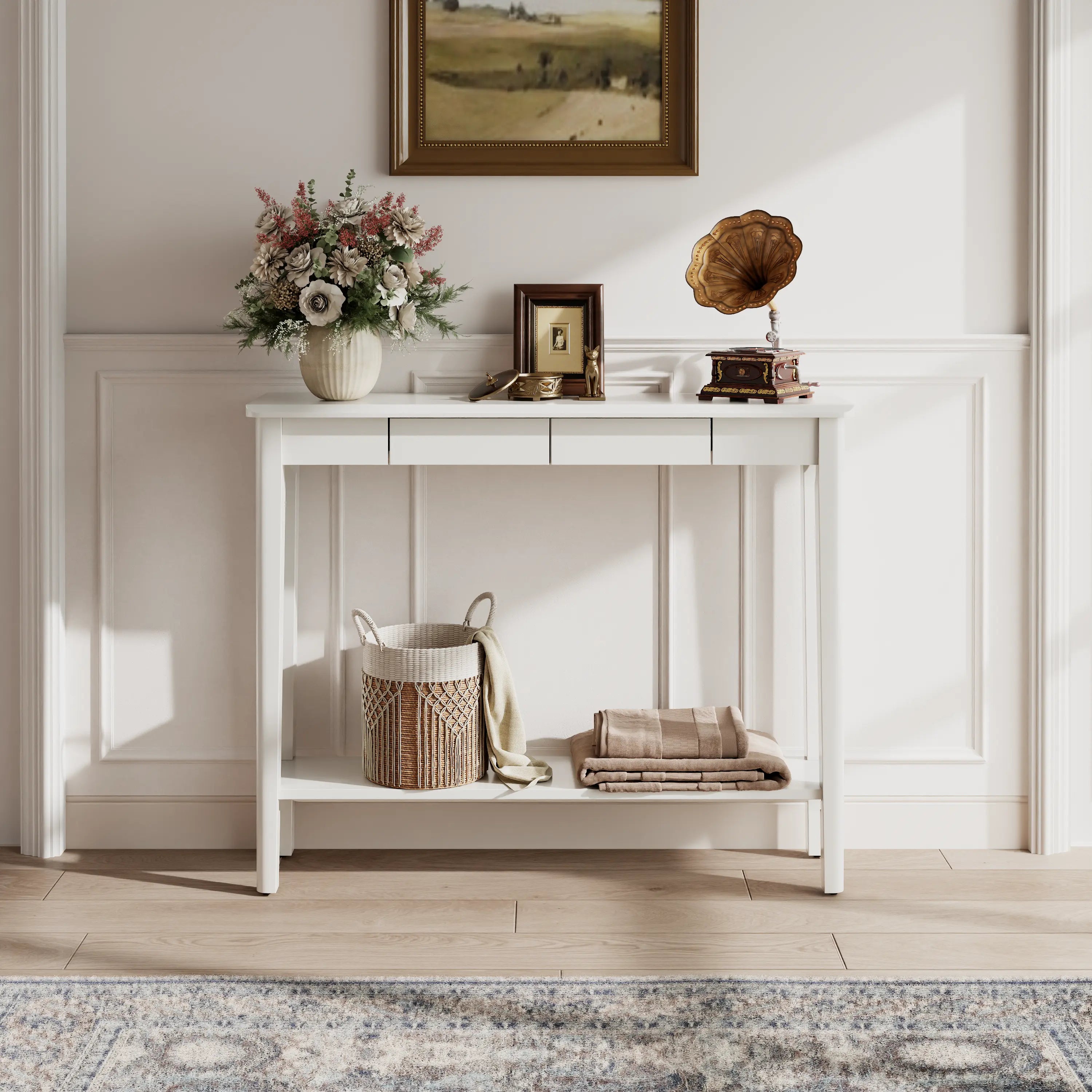 Solid Wood Entryway Console Table with Drawers and Bottom Storage Shelf - Kaslandi Furniture