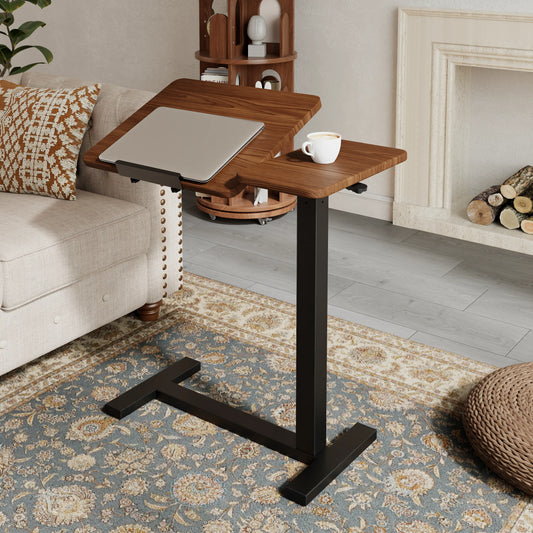 Walnut laptop desk with the desktop tilted upward