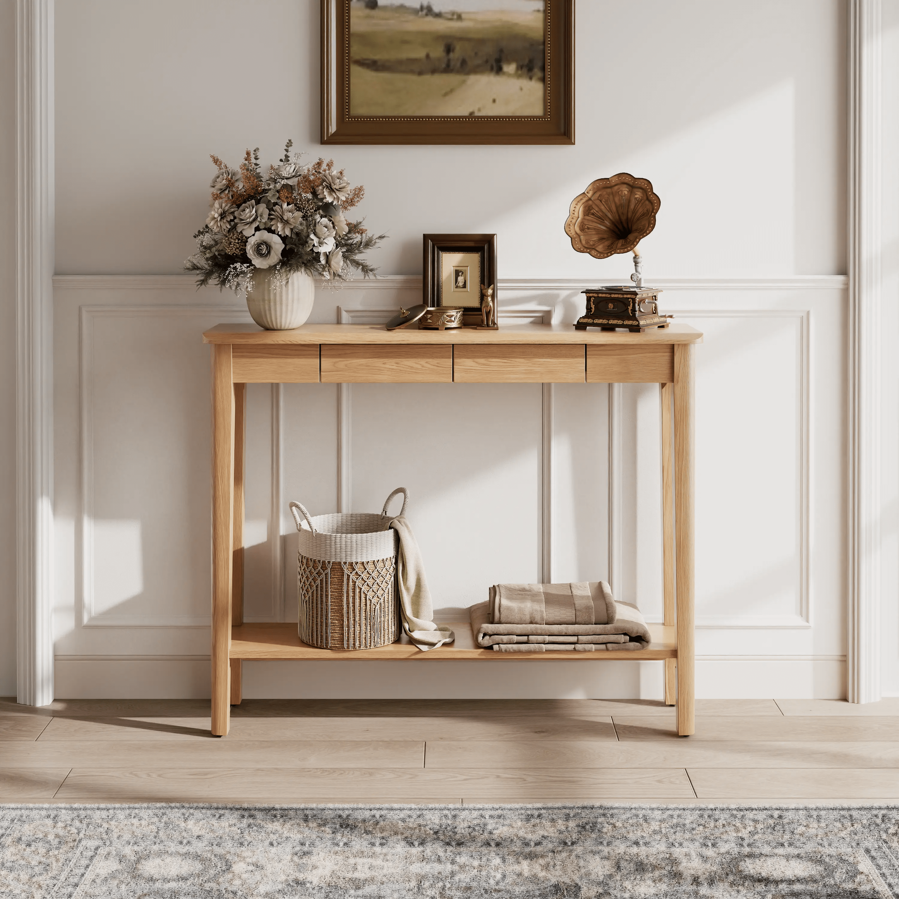 Solid Wood Entryway Console Table with Drawers and Bottom Storage Shelf - Kaslandi Furniture