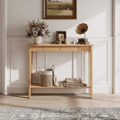 Solid Wood Entryway Console Table with Drawers and Bottom Storage Shelf - Kaslandi Furniture