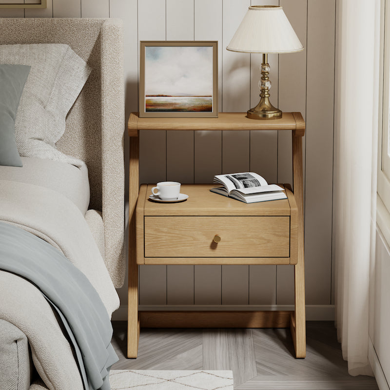 Solid Wood Z-Leg Nightstand with Drawer & Open Shelf