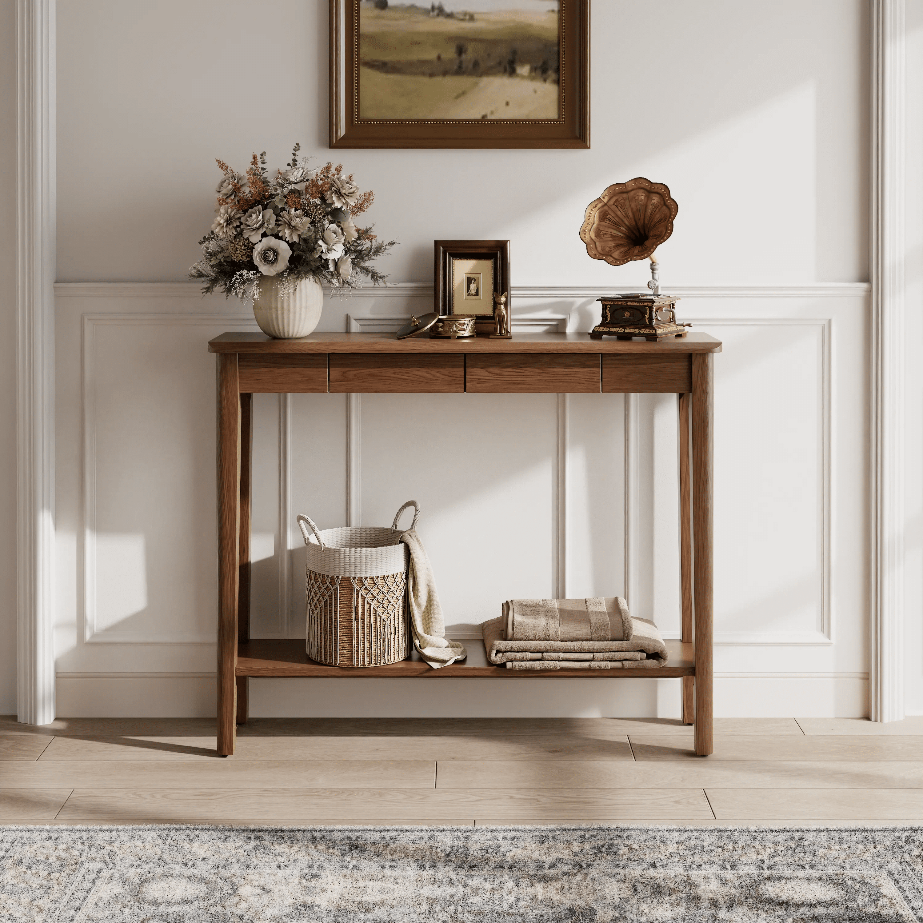 Solid Wood Entryway Console Table with Drawers and Bottom Storage Shelf - Kaslandi Furniture