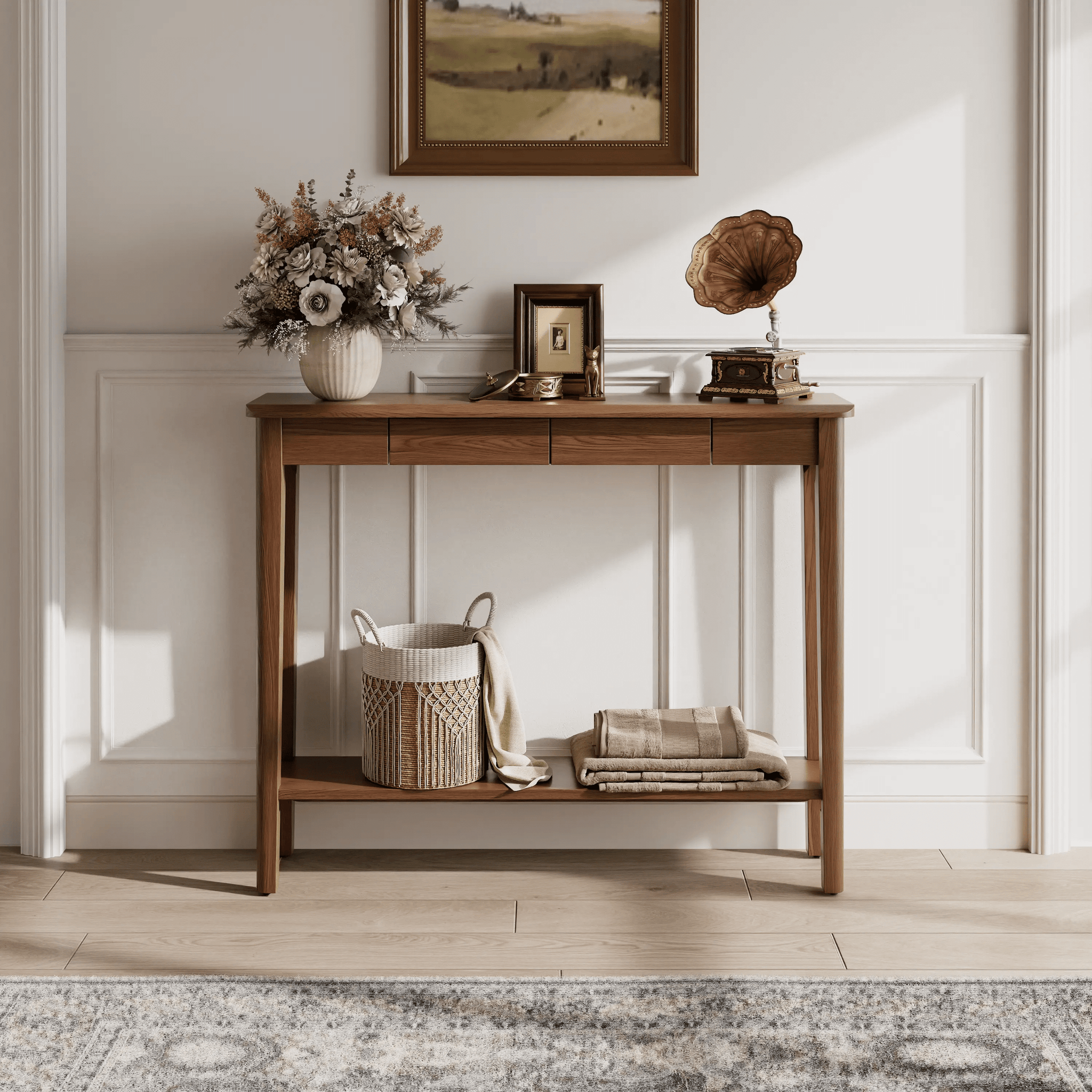 Solid Wood Entryway Console Table with Drawers and Bottom Storage Shelf - Kaslandi Furniture