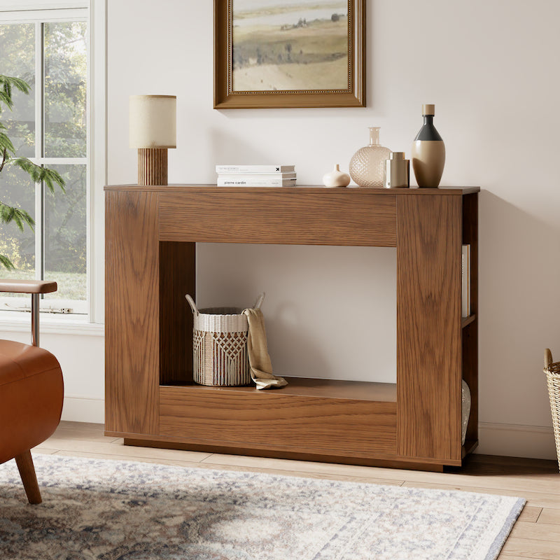 Walnut Console Table with Side Storage Shelves