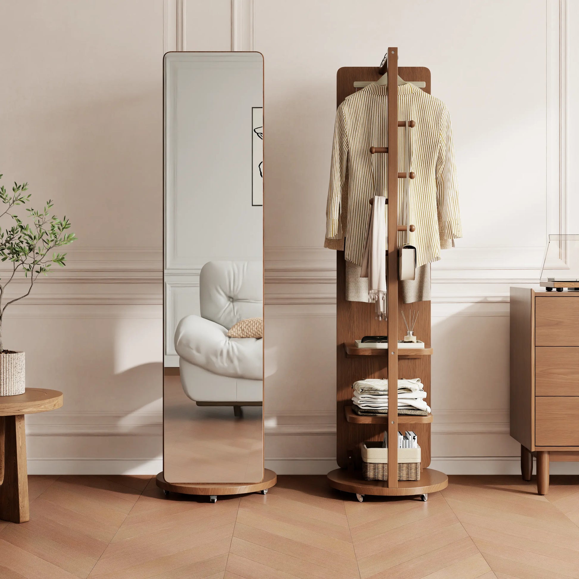 Full - Length Mirror with Storage, Clothing Rack & Wheels - iKaslandi